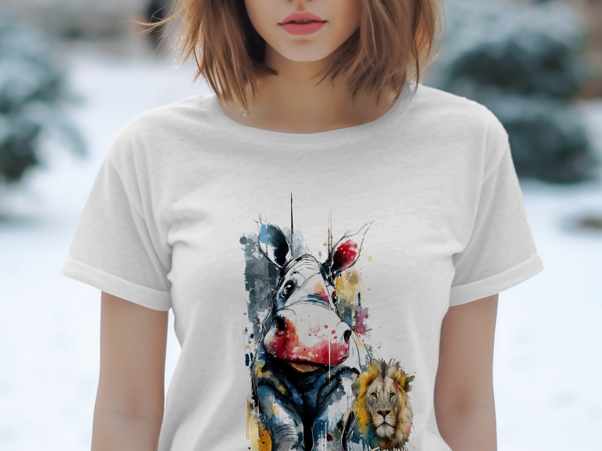 RMA APPAREL Hippo and Lion Animal Illustration T-Shirt - Flowing Emotions White T-Shirts - RMA APPAREL - Roclla Media Apparel Store