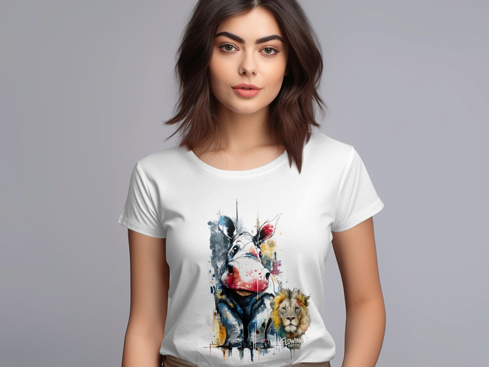 RMA APPAREL Hippo and Lion Animal Illustration T-Shirt - Flowing Emotions White T-Shirts - RMA APPAREL - Roclla Media Apparel Store