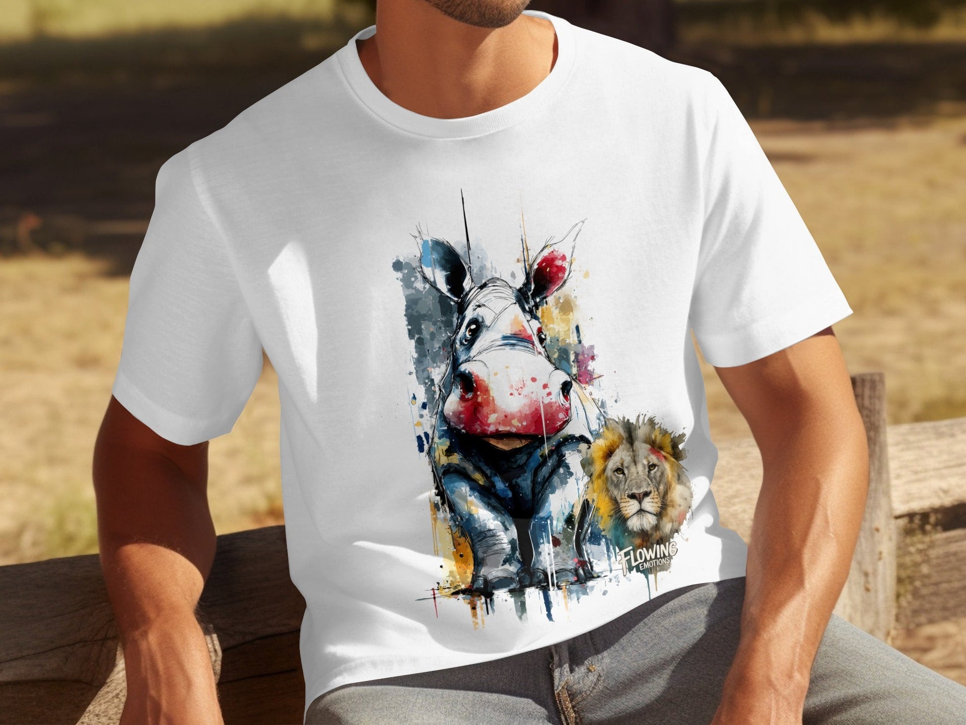 RMA APPAREL Hippo and Lion Animal Illustration T-Shirt - Flowing Emotions White T-Shirts - RMA APPAREL - Roclla Media Apparel Store