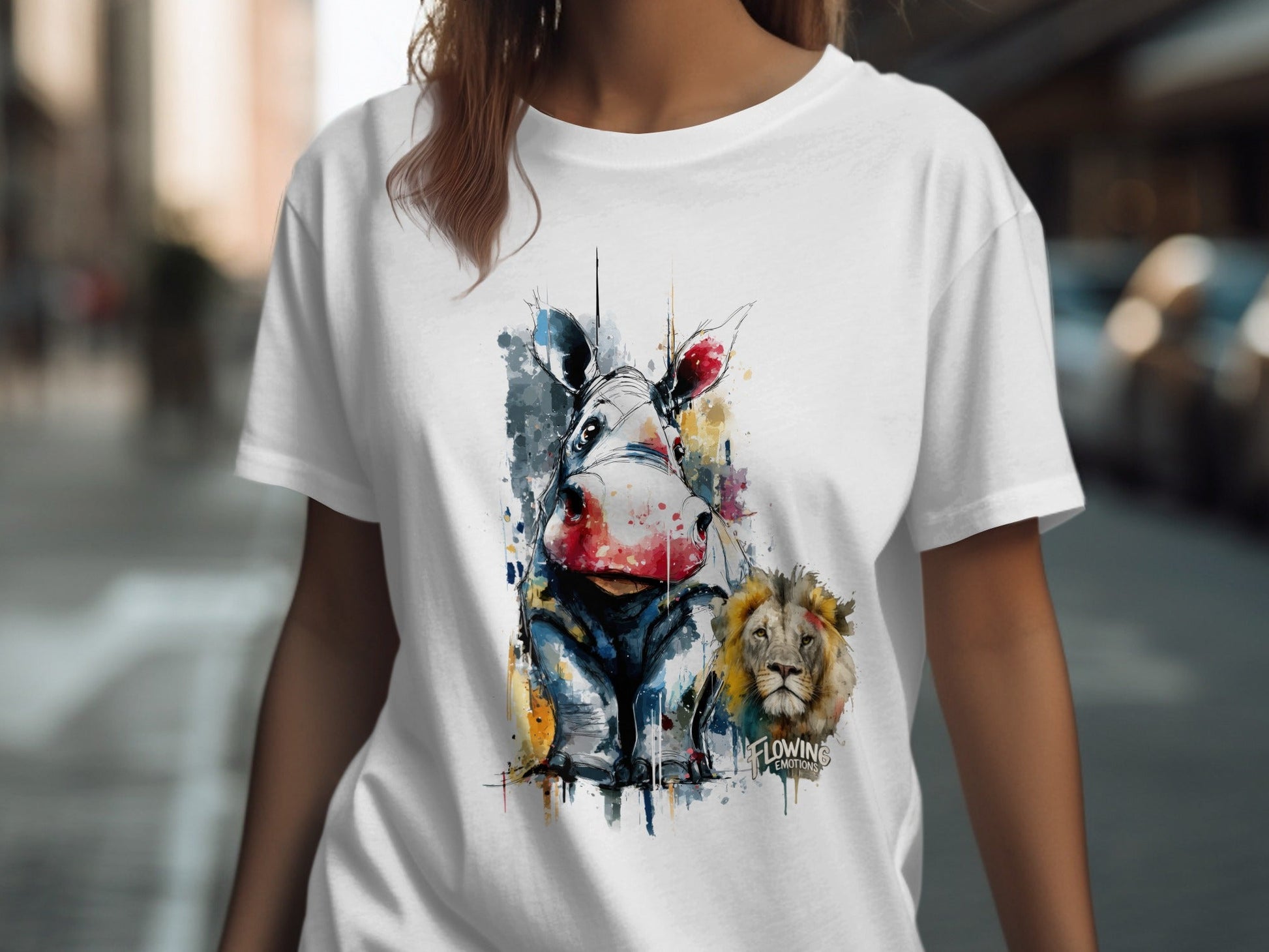 RMA APPAREL Hippo and Lion Animal Illustration T-Shirt - Flowing Emotions White T-Shirts - RMA APPAREL - Roclla Media Apparel Store