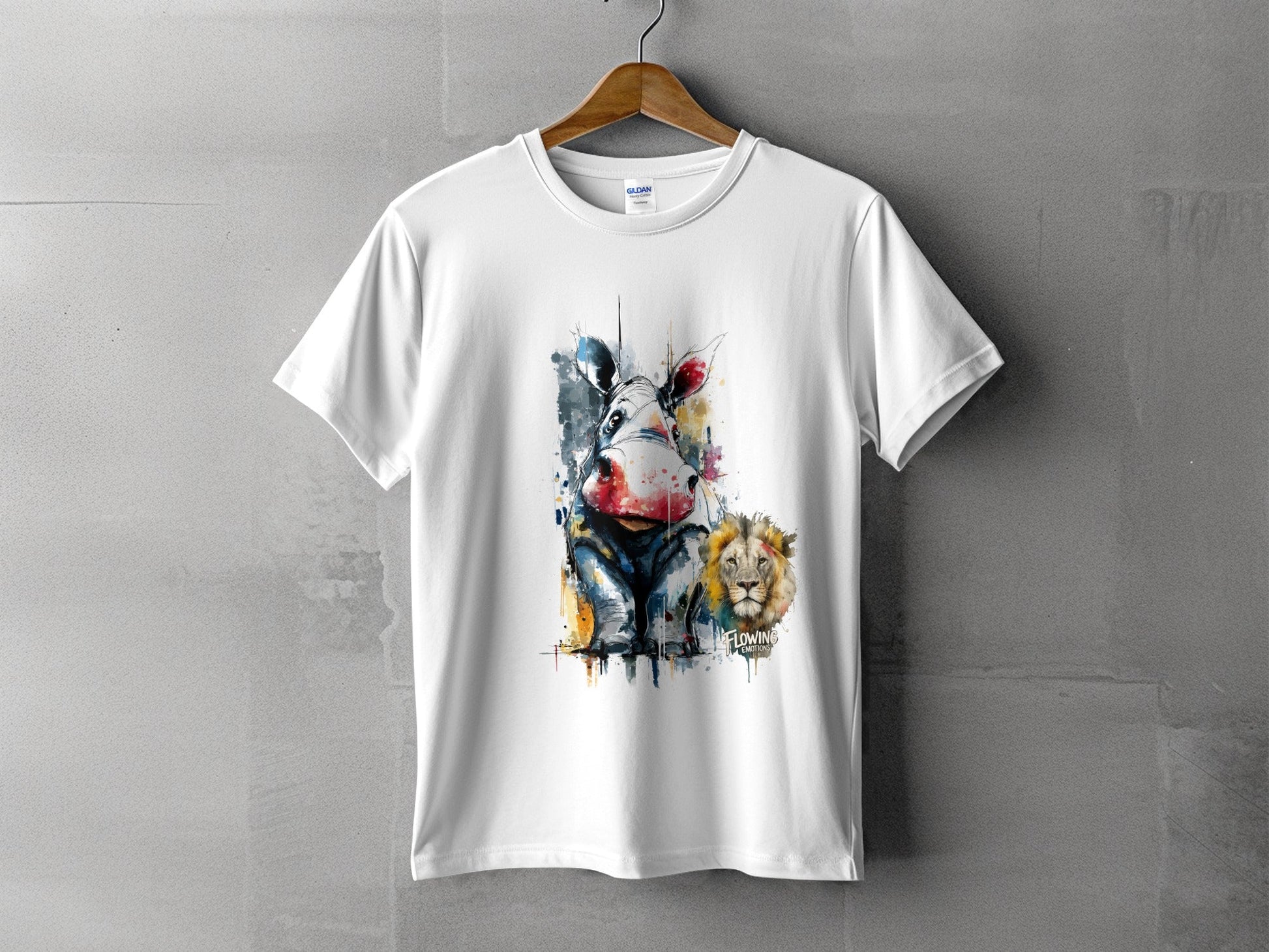 RMA APPAREL Hippo and Lion Animal Illustration T-Shirt - Flowing Emotions White T-Shirts - RMA APPAREL - Roclla Media Apparel Store