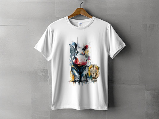 RMA APPAREL Hippo and Lion Animal Illustration T-Shirt - Flowing Emotions White T-Shirts - RMA APPAREL - Roclla Media Apparel Store