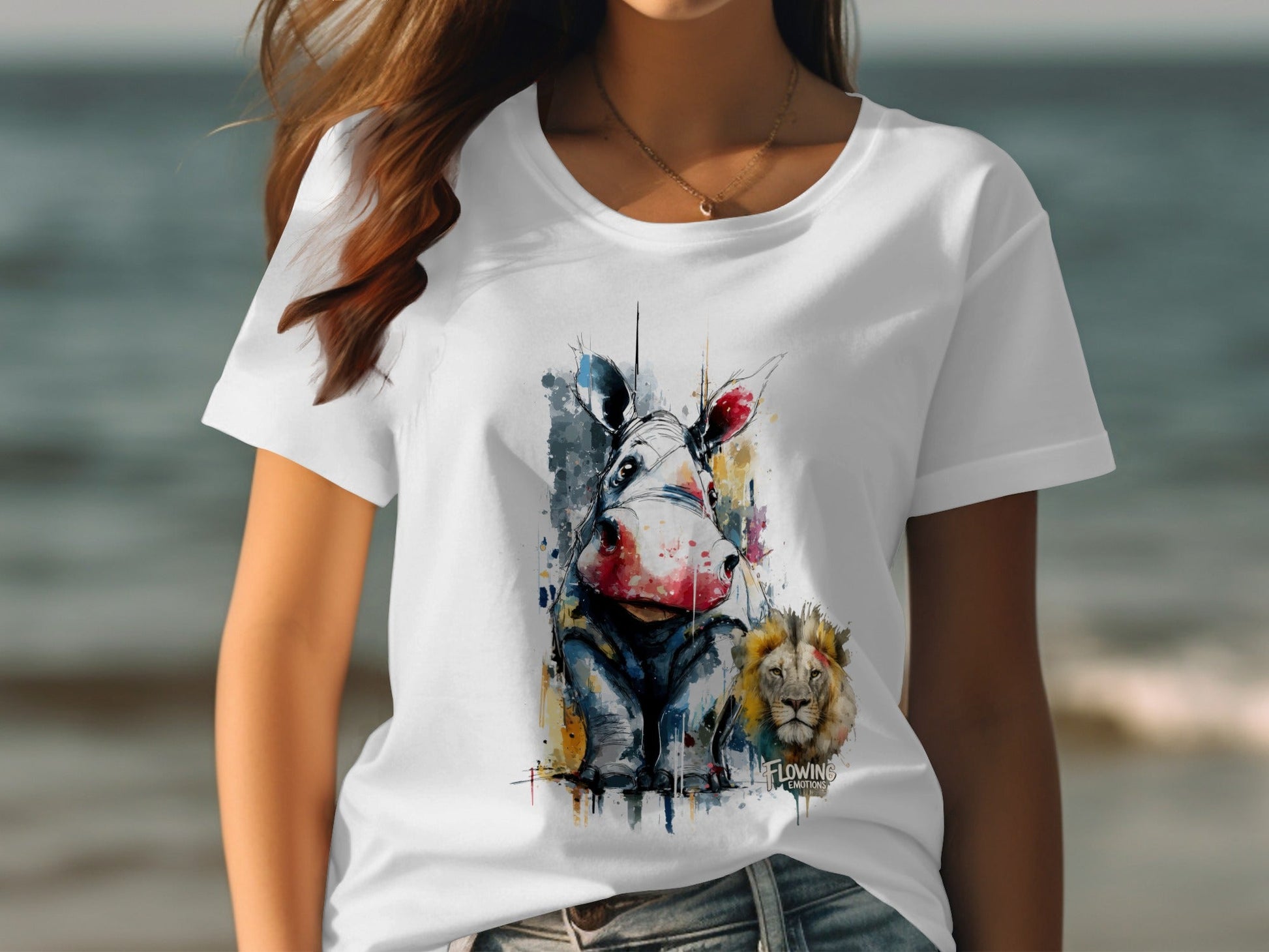 RMA APPAREL Hippo and Lion Animal Illustration T-Shirt - Flowing Emotions White T-Shirts - RMA APPAREL - Roclla Media Apparel Store