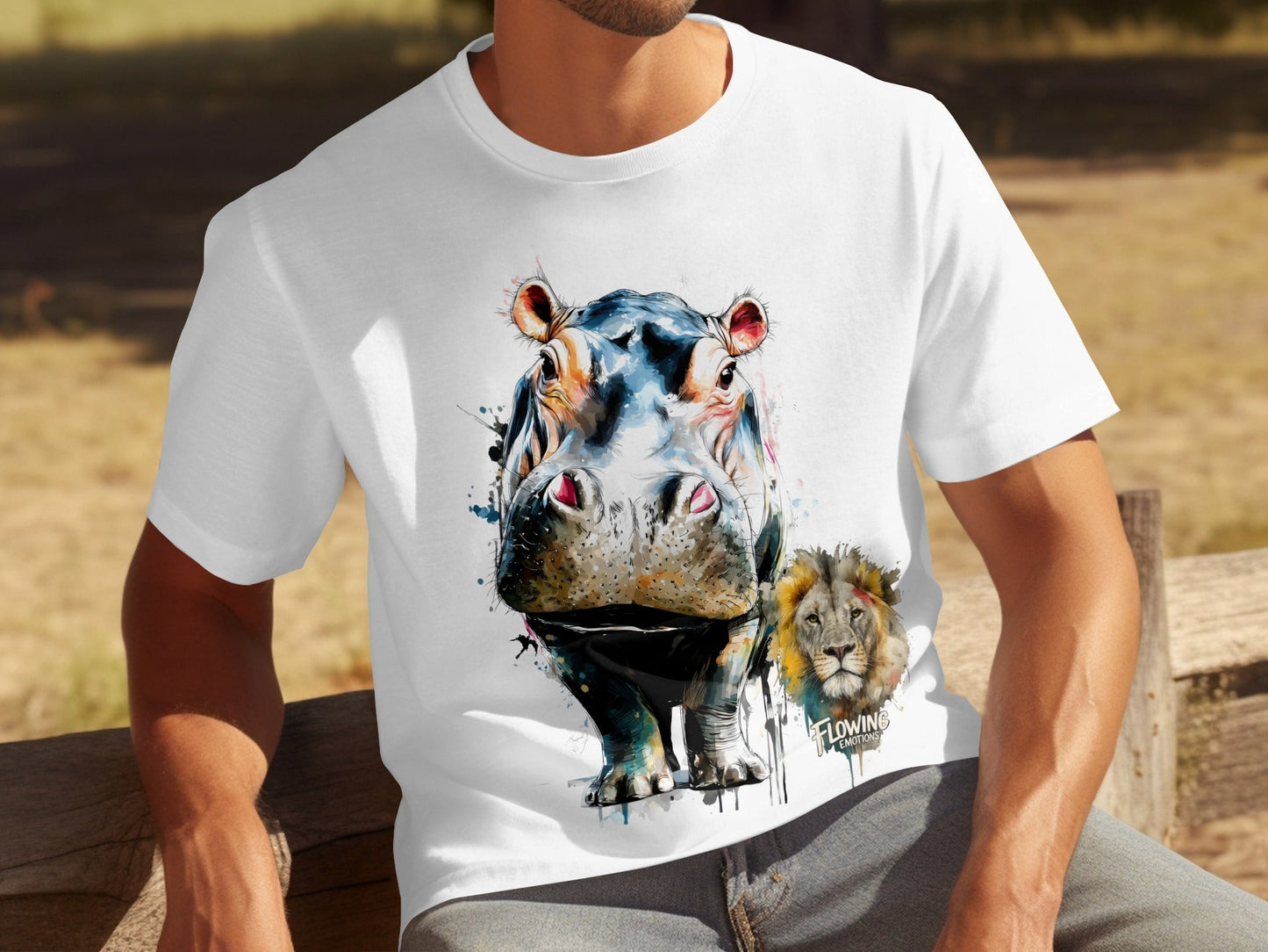 RMA APPAREL Hippo And Lion Design Unisex T-Shirt Sizes S - 5XL - Flowing Emotions White T-Shirts - RMA APPAREL - Roclla Media Apparel Store