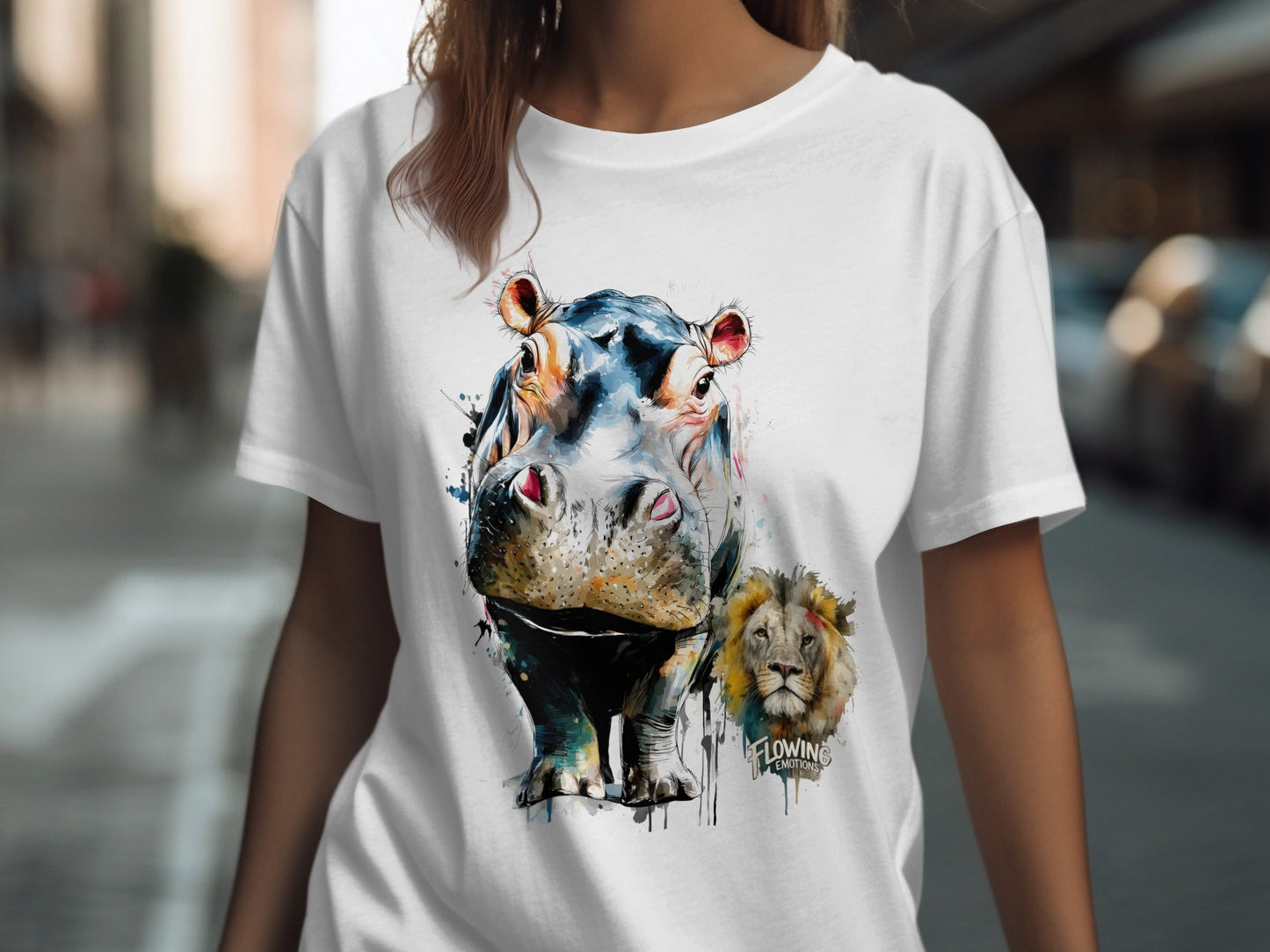 RMA APPAREL Hippo And Lion Design Unisex T-Shirt Sizes S - 5XL - Flowing Emotions White T-Shirts - RMA APPAREL - Roclla Media Apparel Store