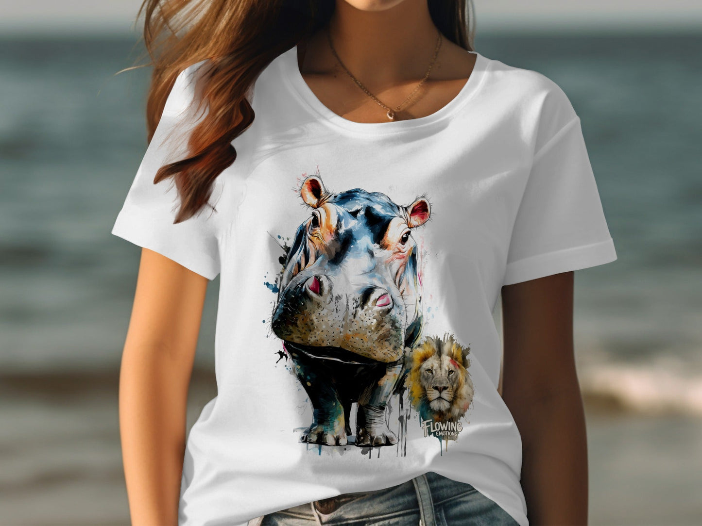 RMA APPAREL Hippo And Lion Design Unisex T-Shirt Sizes S - 5XL - Flowing Emotions White T-Shirts - RMA APPAREL - Roclla Media Apparel Store