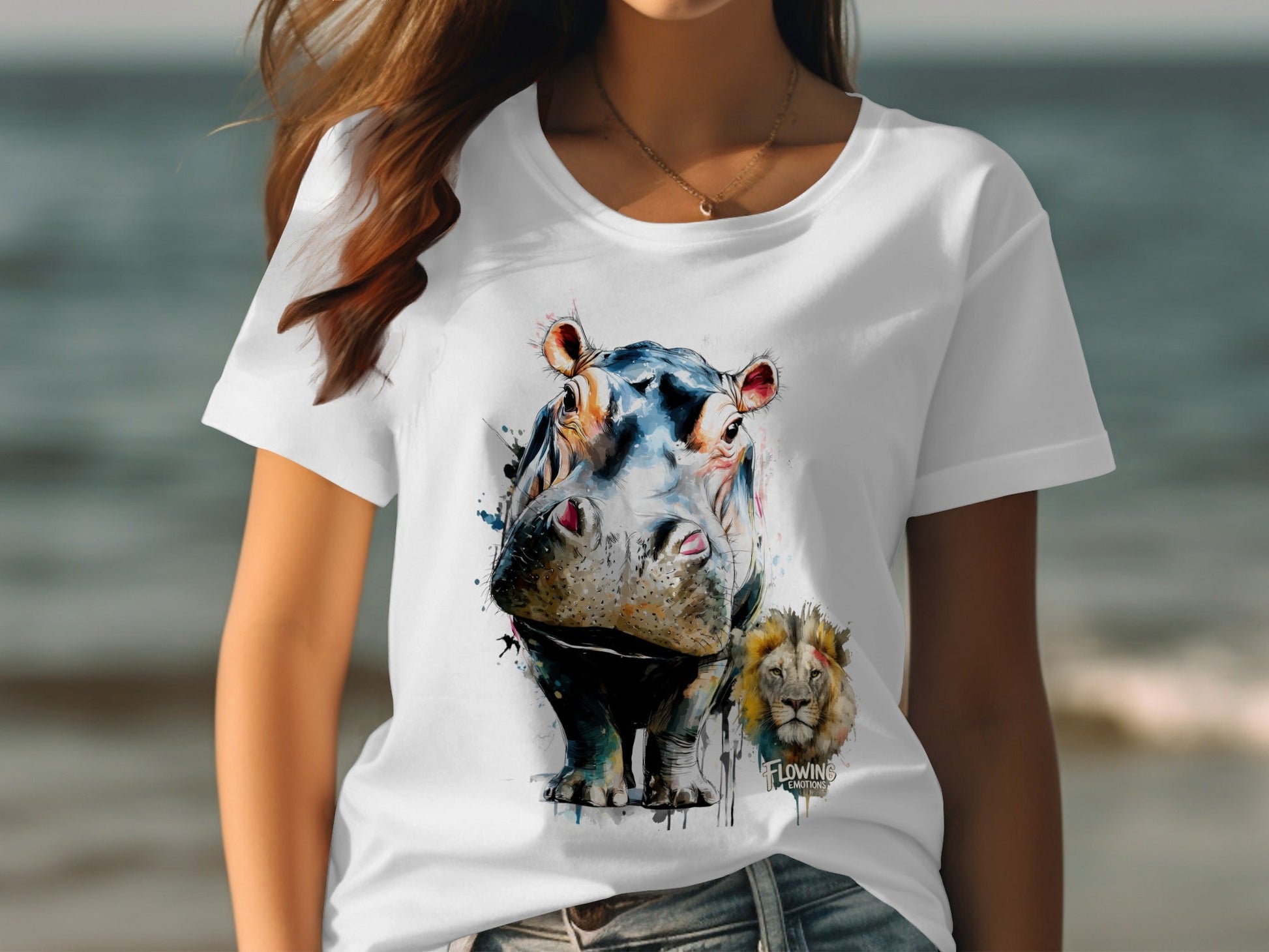 RMA APPAREL Hippo And Lion Design Unisex T-Shirt Sizes S - 5XL - Flowing Emotions White T-Shirts - RMA APPAREL - Roclla Media Apparel Store