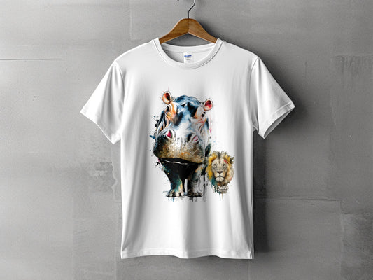 RMA APPAREL Hippo And Lion Design Unisex T-Shirt Sizes S - 5XL - Flowing Emotions White T-Shirts - RMA APPAREL - Roclla Media Apparel Store
