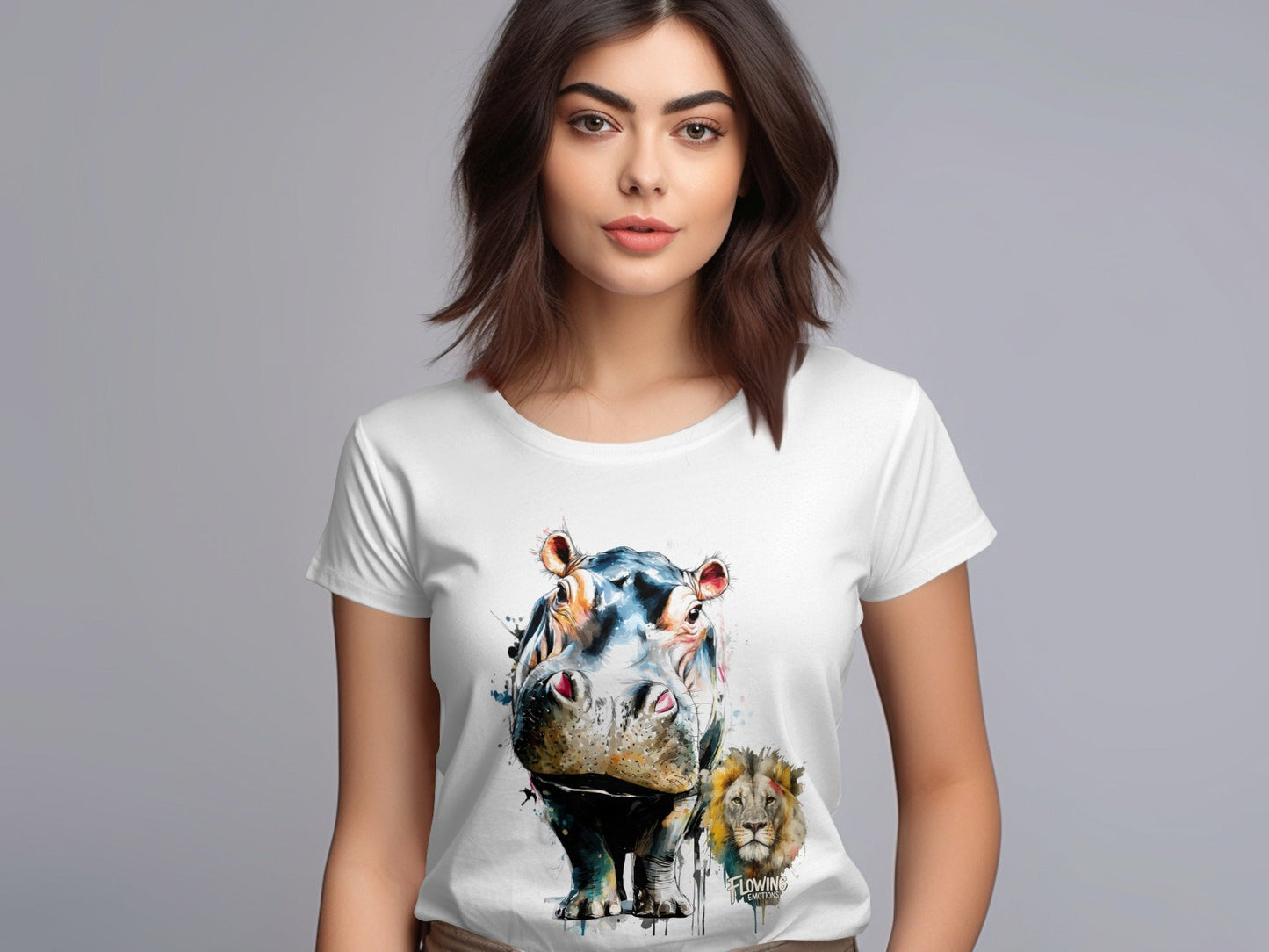 RMA APPAREL Hippo And Lion Design Unisex T-Shirt Sizes S - 5XL - Flowing Emotions White T-Shirts - RMA APPAREL - Roclla Media Apparel Store