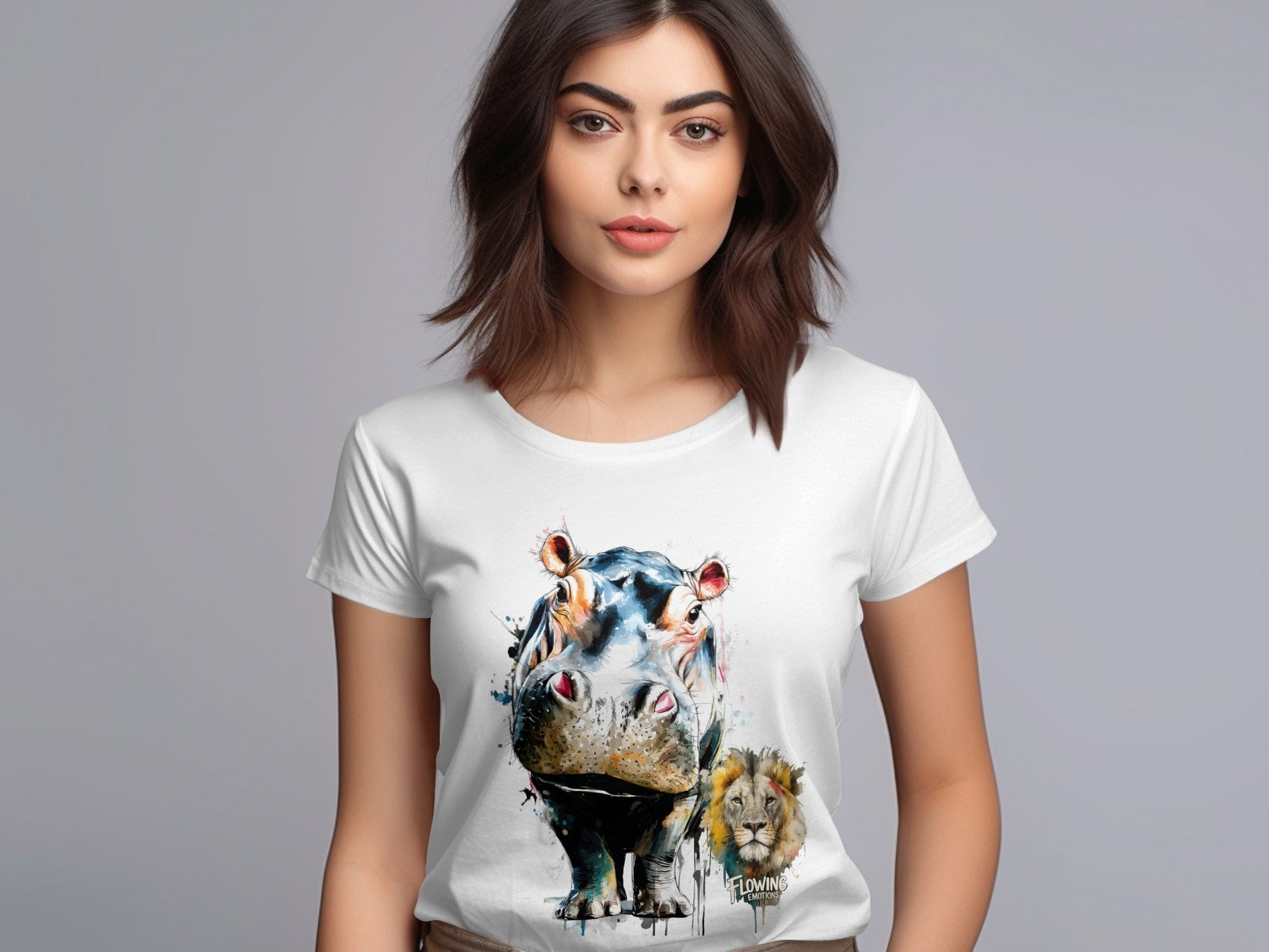 RMA APPAREL Hippo And Lion Design Unisex T-Shirt Sizes S - 5XL - Flowing Emotions White T-Shirts - RMA APPAREL - Roclla Media Apparel Store