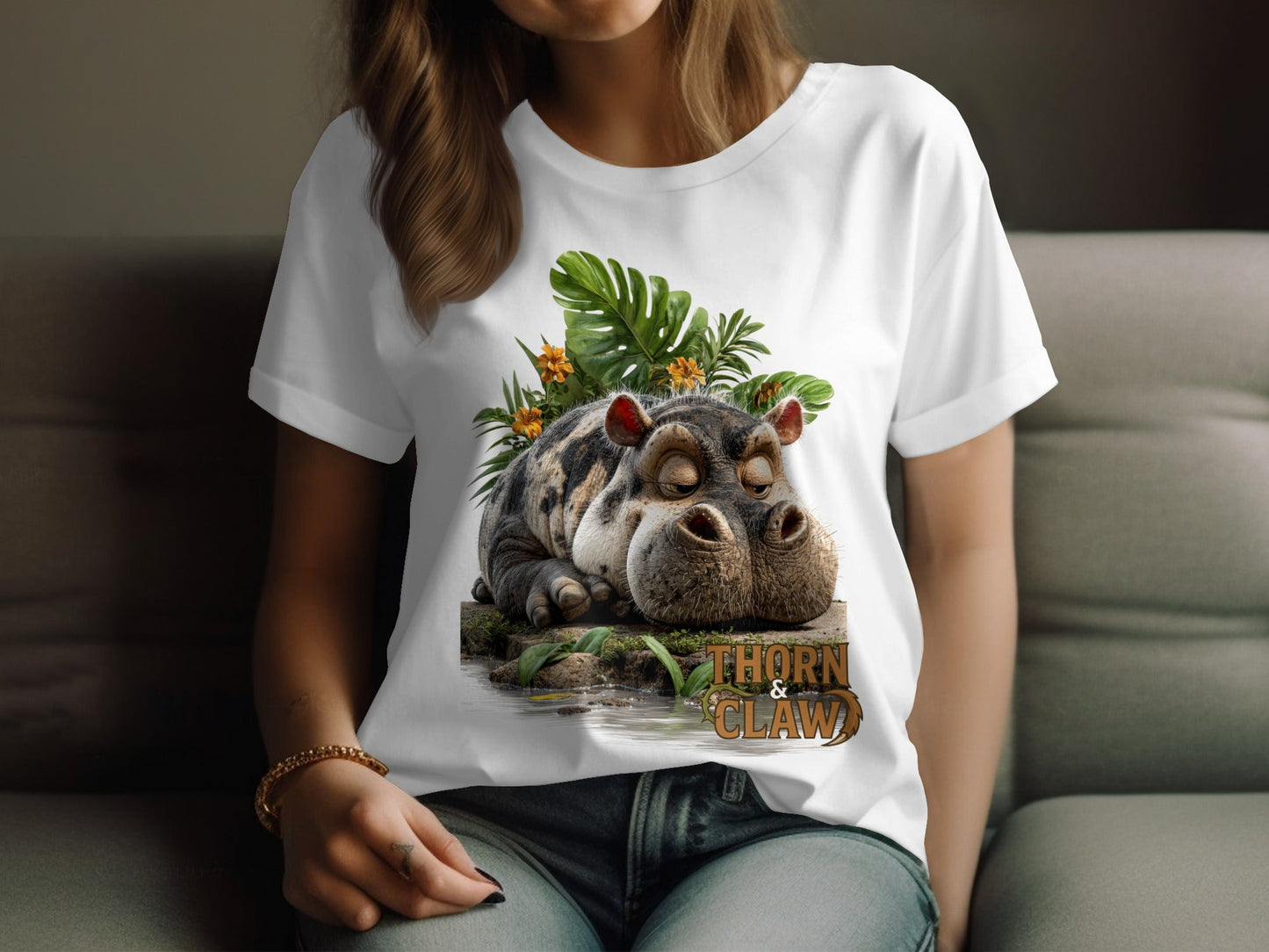 RMA APPAREL Hippo and Vegetation Design Sizes S to 5XL T-Shirt - Thorn & Claw White T-Shirts - RMA APPAREL - Roclla Media Apparel Store