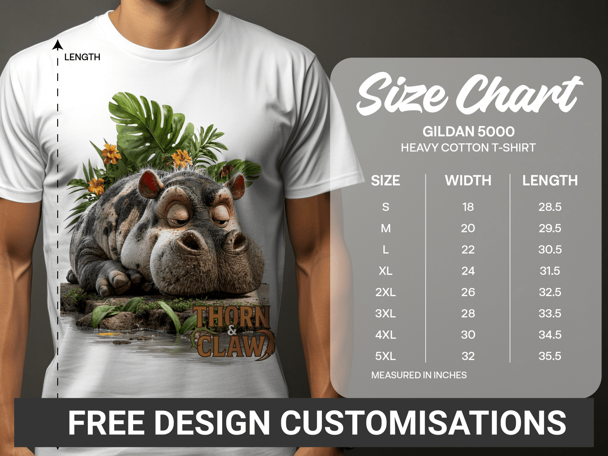 RMA APPAREL Hippo and Vegetation Design Sizes S to 5XL T-Shirt - Thorn & Claw White T-Shirts - RMA APPAREL - Roclla Media Apparel Store