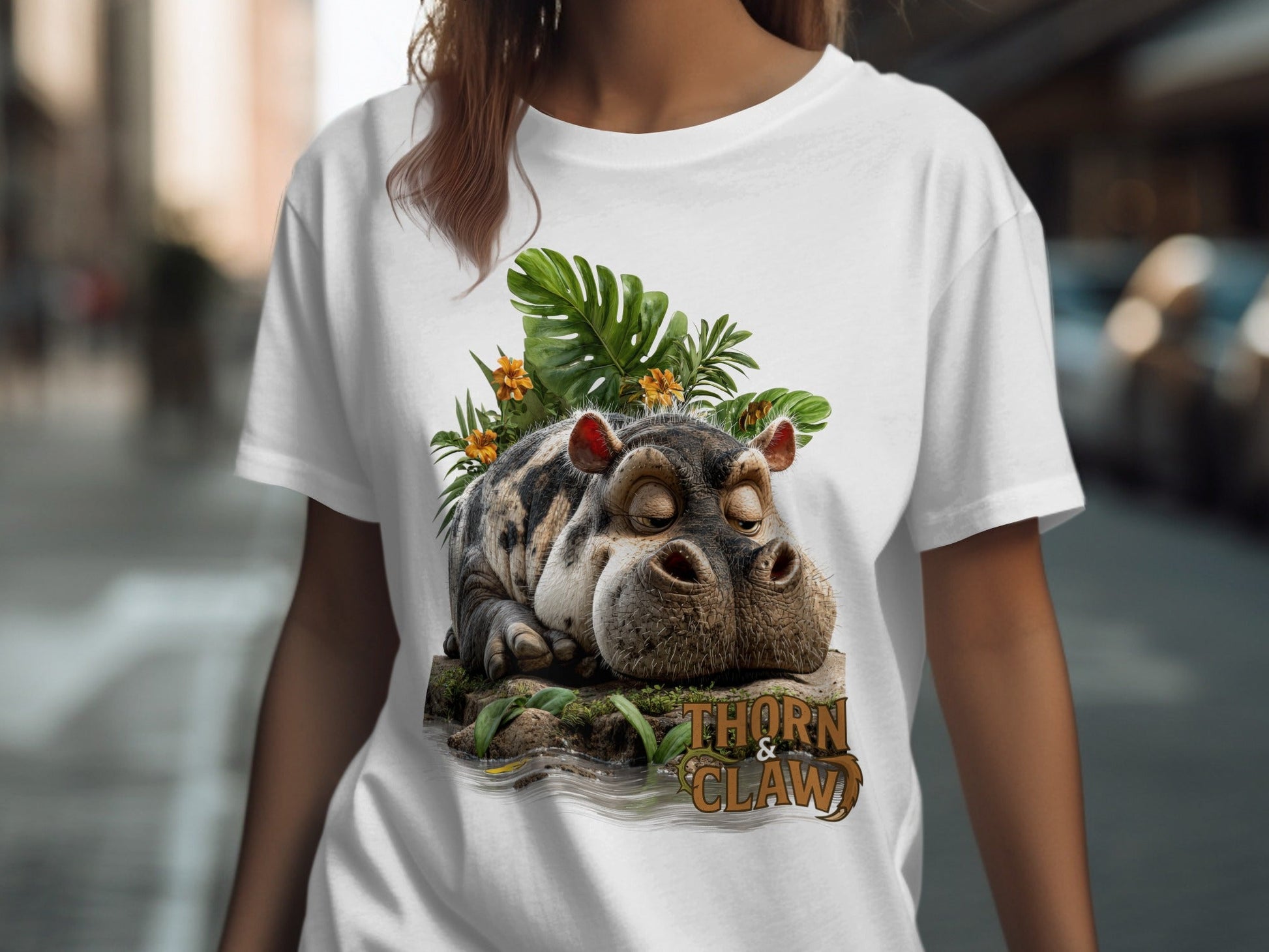 RMA APPAREL Hippo and Vegetation Design Sizes S to 5XL T-Shirt - Thorn & Claw White T-Shirts - RMA APPAREL - Roclla Media Apparel Store