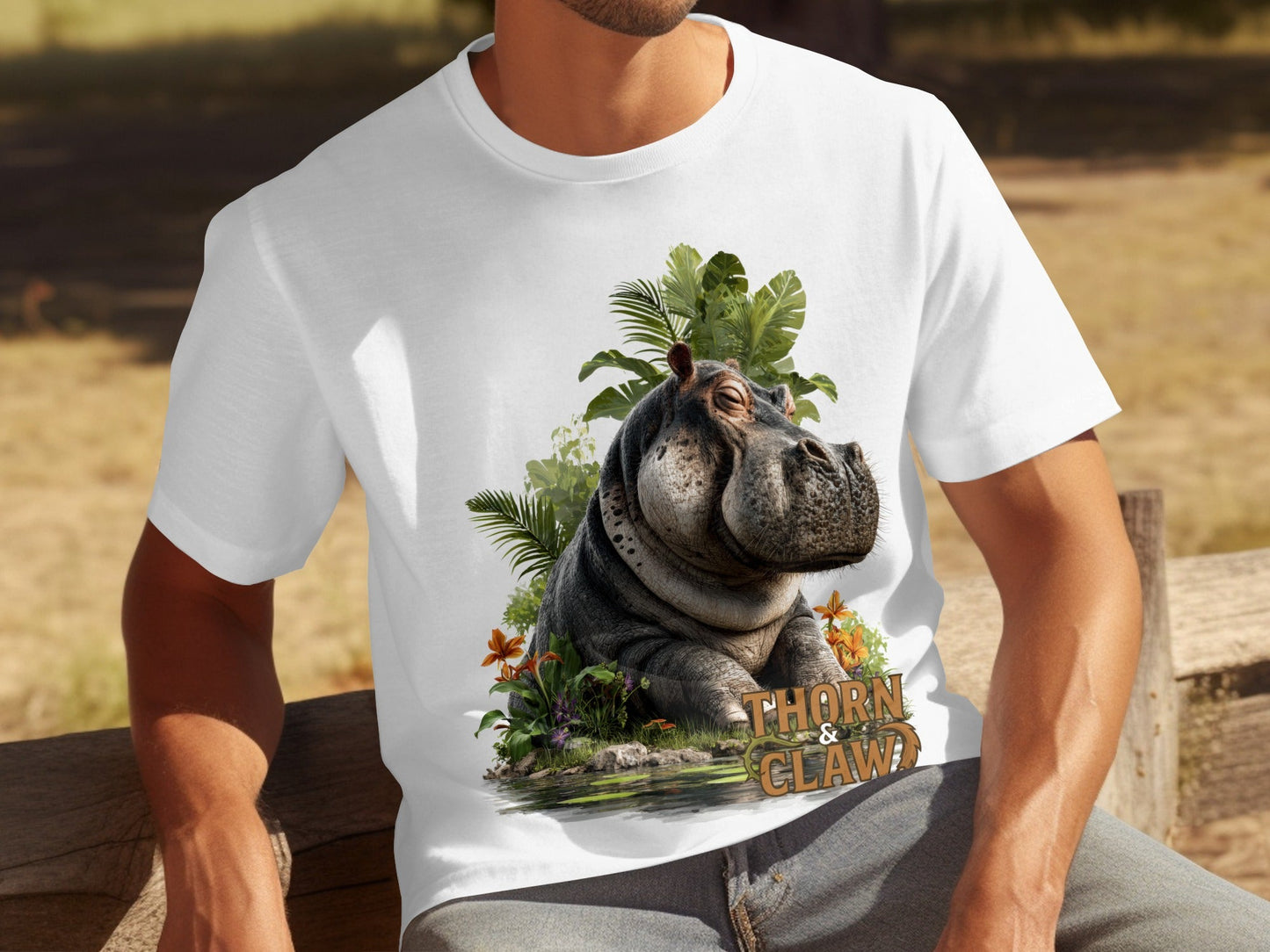 RMA APPAREL Hippo In Paradise Mens Womens Unisex T-Shirt - Thorn & Claw White T-Shirts - RMA APPAREL - Roclla Media Apparel Store