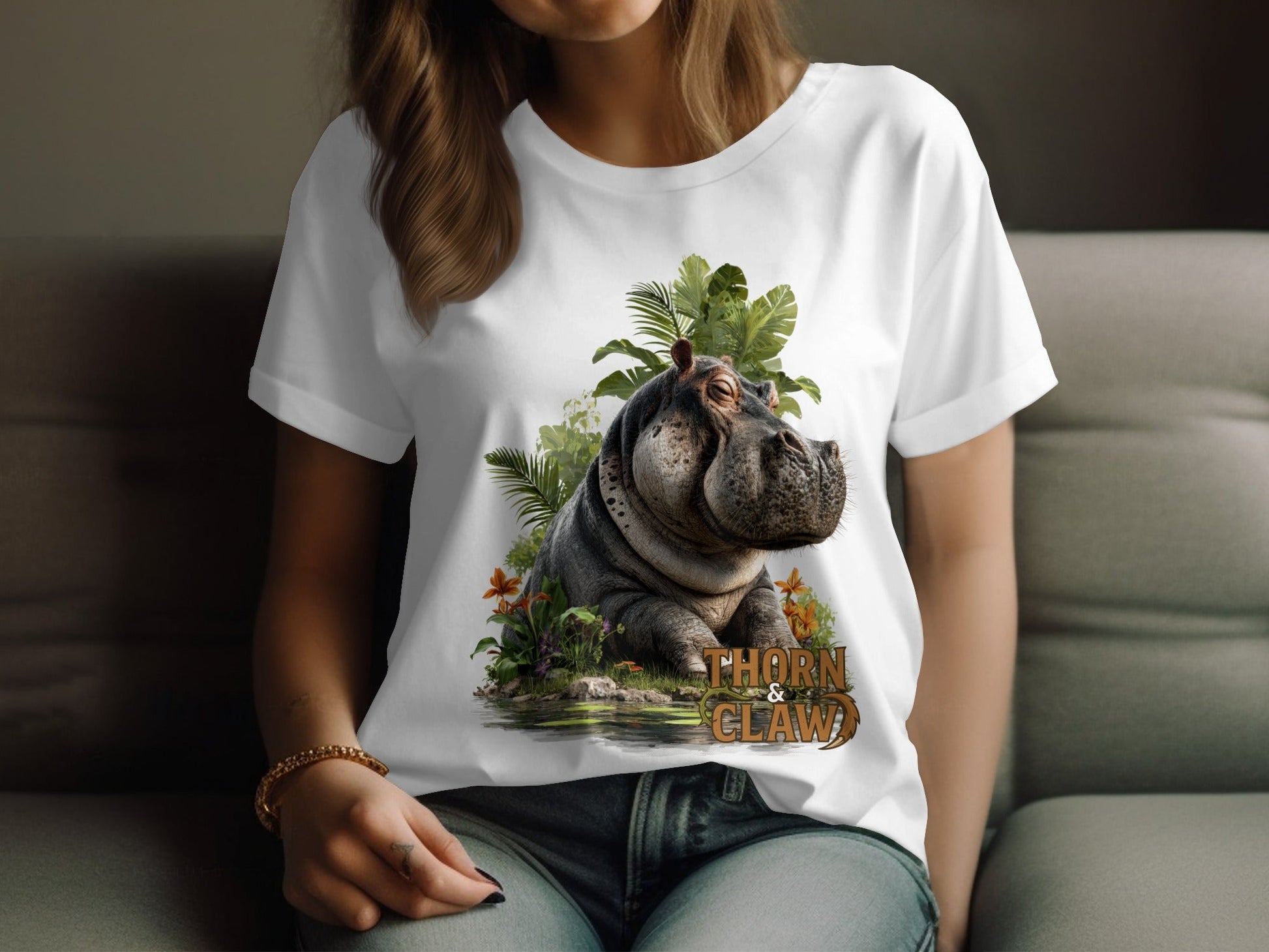 RMA APPAREL Hippo In Paradise Mens Womens Unisex T-Shirt - Thorn & Claw White T-Shirts - RMA APPAREL - Roclla Media Apparel Store