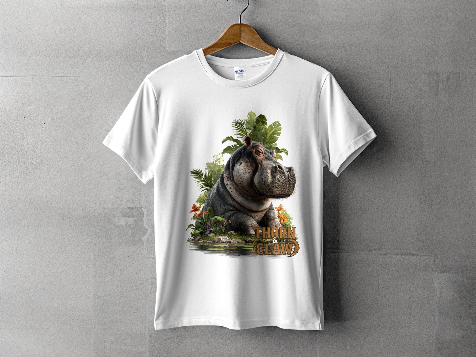 RMA APPAREL Hippo In Paradise Mens Womens Unisex T-Shirt - Thorn & Claw White T-Shirts - RMA APPAREL - Roclla Media Apparel Store