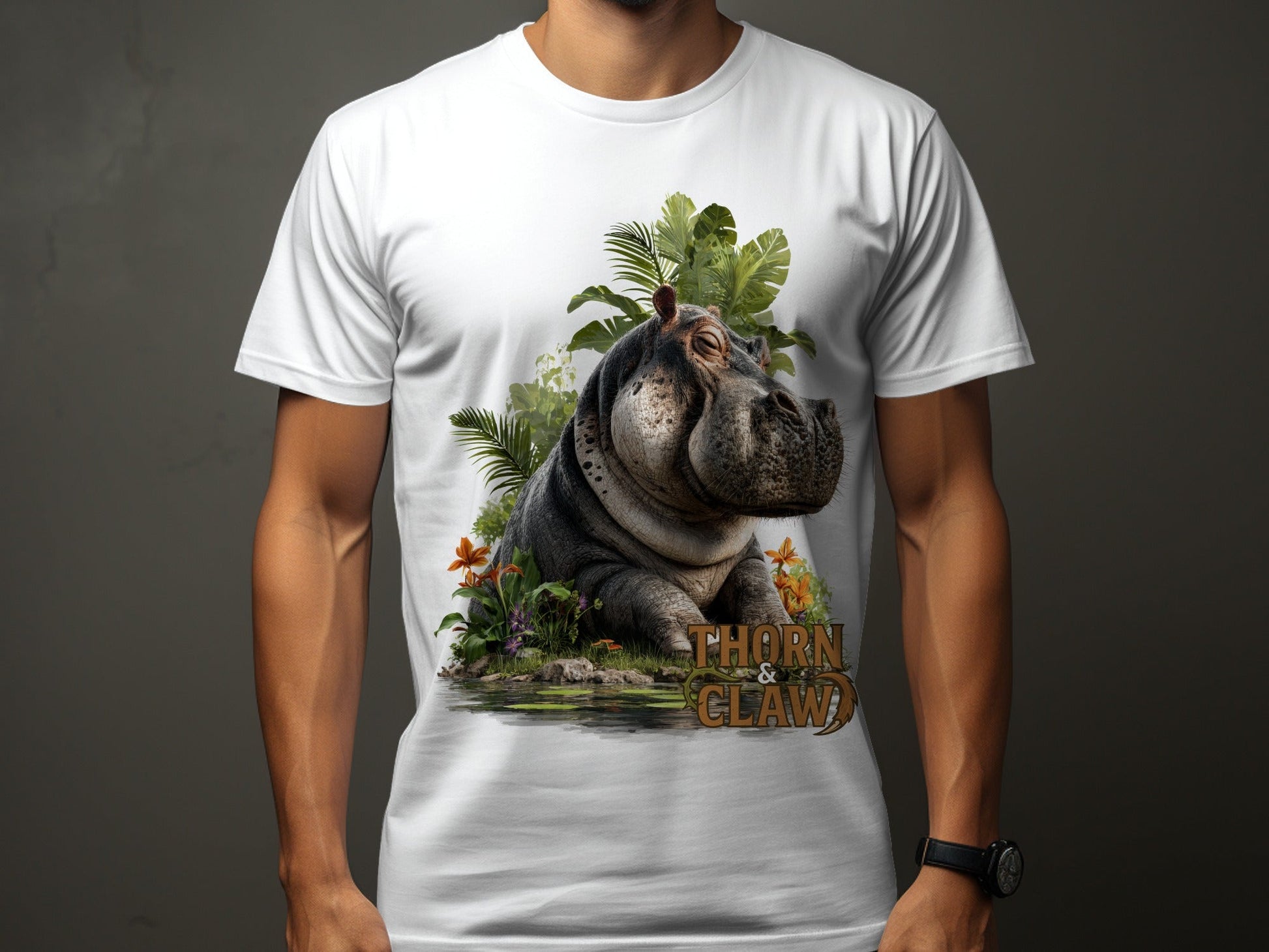 RMA APPAREL Hippo In Paradise Mens Womens Unisex T-Shirt - Thorn & Claw White T-Shirts - RMA APPAREL - Roclla Media Apparel Store
