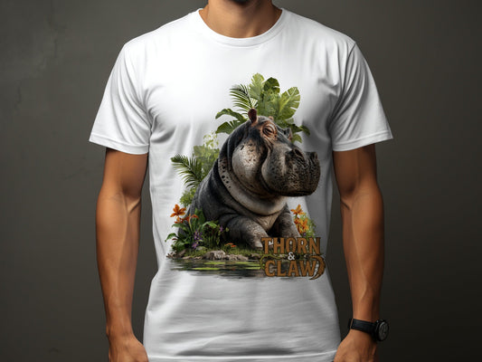 RMA APPAREL Hippo In Paradise Mens Womens Unisex T-Shirt - Thorn & Claw White T-Shirts - RMA APPAREL - Roclla Media Apparel Store