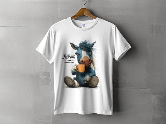 RMA APPAREL Horse Sipping Coffee Animal Unisex T-Shirt - Field&Fable White T-Shirt - RMA APPAREL - Roclla Media Apparel Store