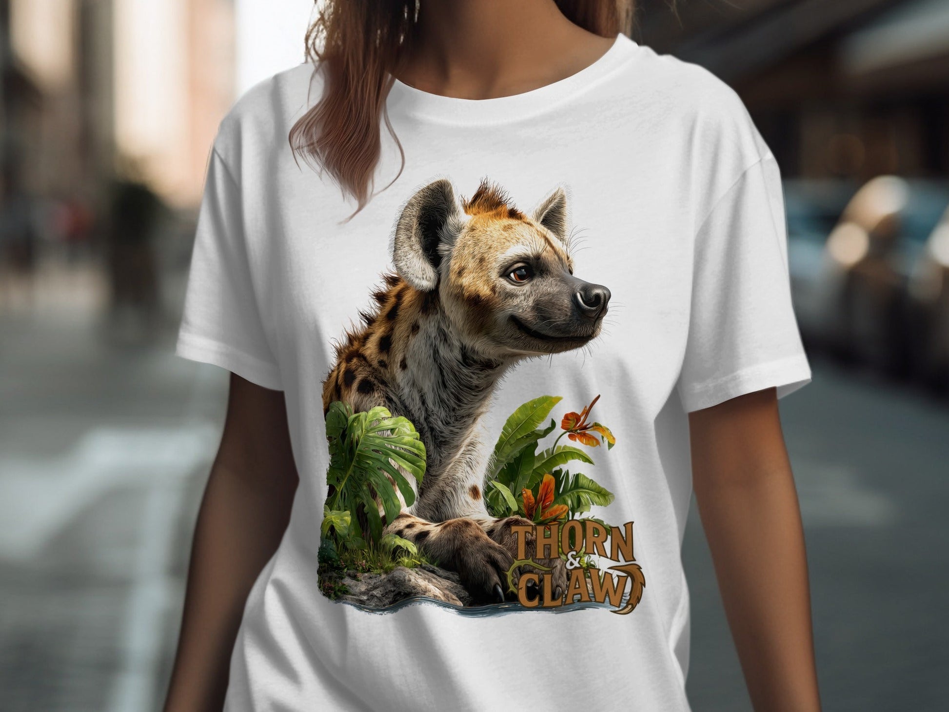 RMA APPAREL Hyena In The Jungle Mens Womens Unisex T-Shirt - Thorn & Claw White T-Shirts - RMA APPAREL - Roclla Media Apparel Store