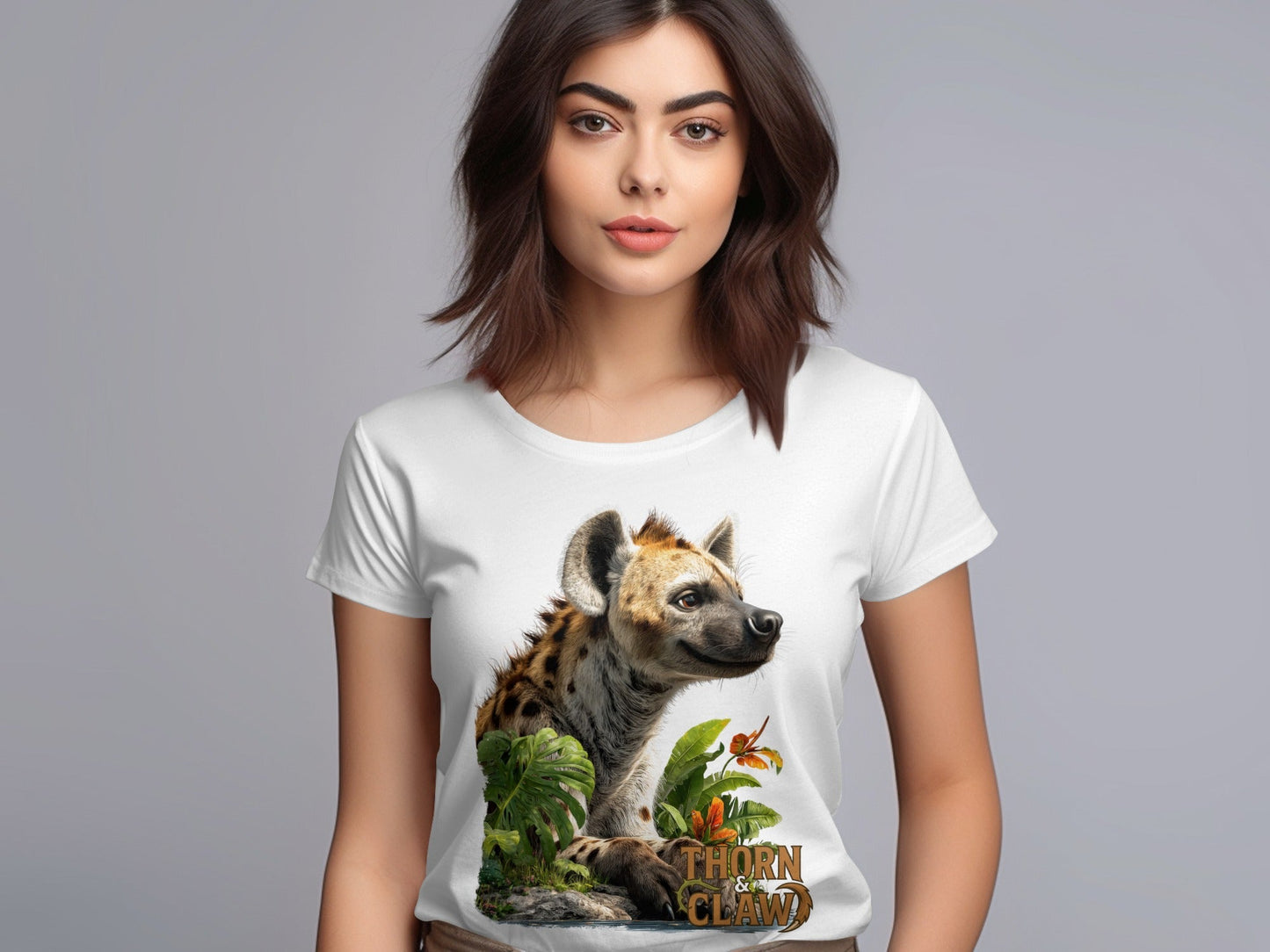 RMA APPAREL Hyena In The Jungle Mens Womens Unisex T-Shirt - Thorn & Claw White T-Shirts - RMA APPAREL - Roclla Media Apparel Store