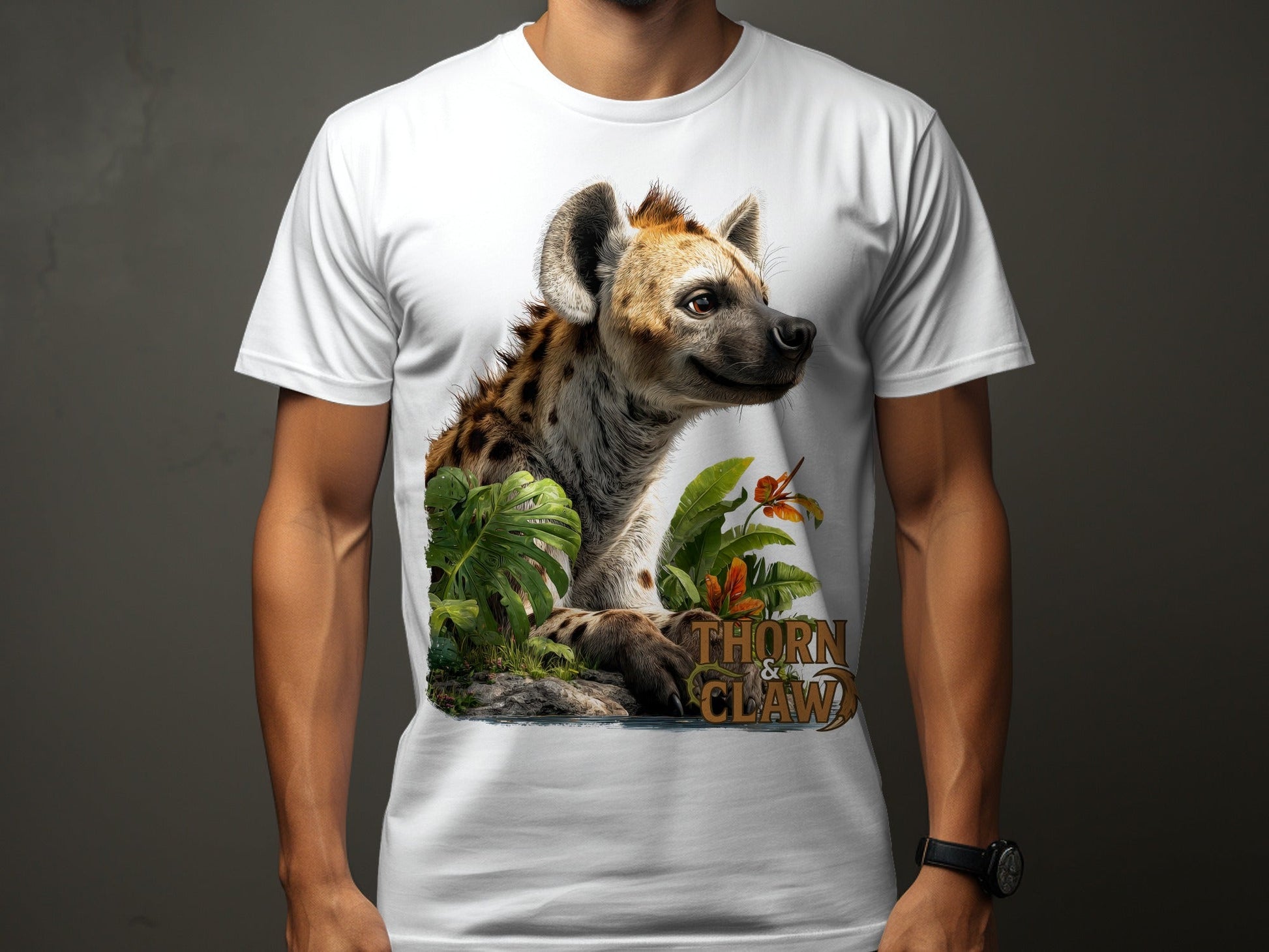 RMA APPAREL Hyena In The Jungle Mens Womens Unisex T-Shirt - Thorn & Claw White T-Shirts - RMA APPAREL - Roclla Media Apparel Store
