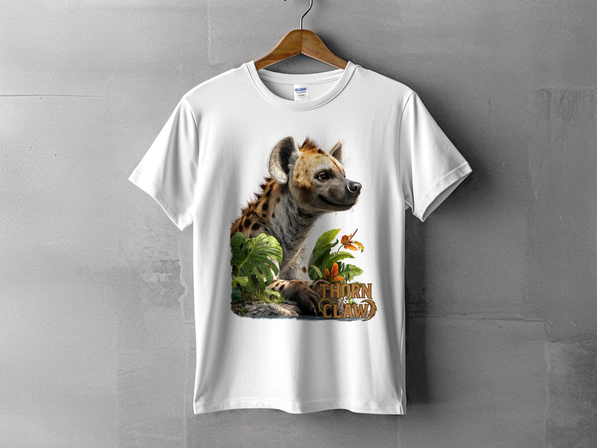 RMA APPAREL Hyena In The Jungle Mens Womens Unisex T-Shirt - Thorn & Claw White T-Shirts - RMA APPAREL - Roclla Media Apparel Store