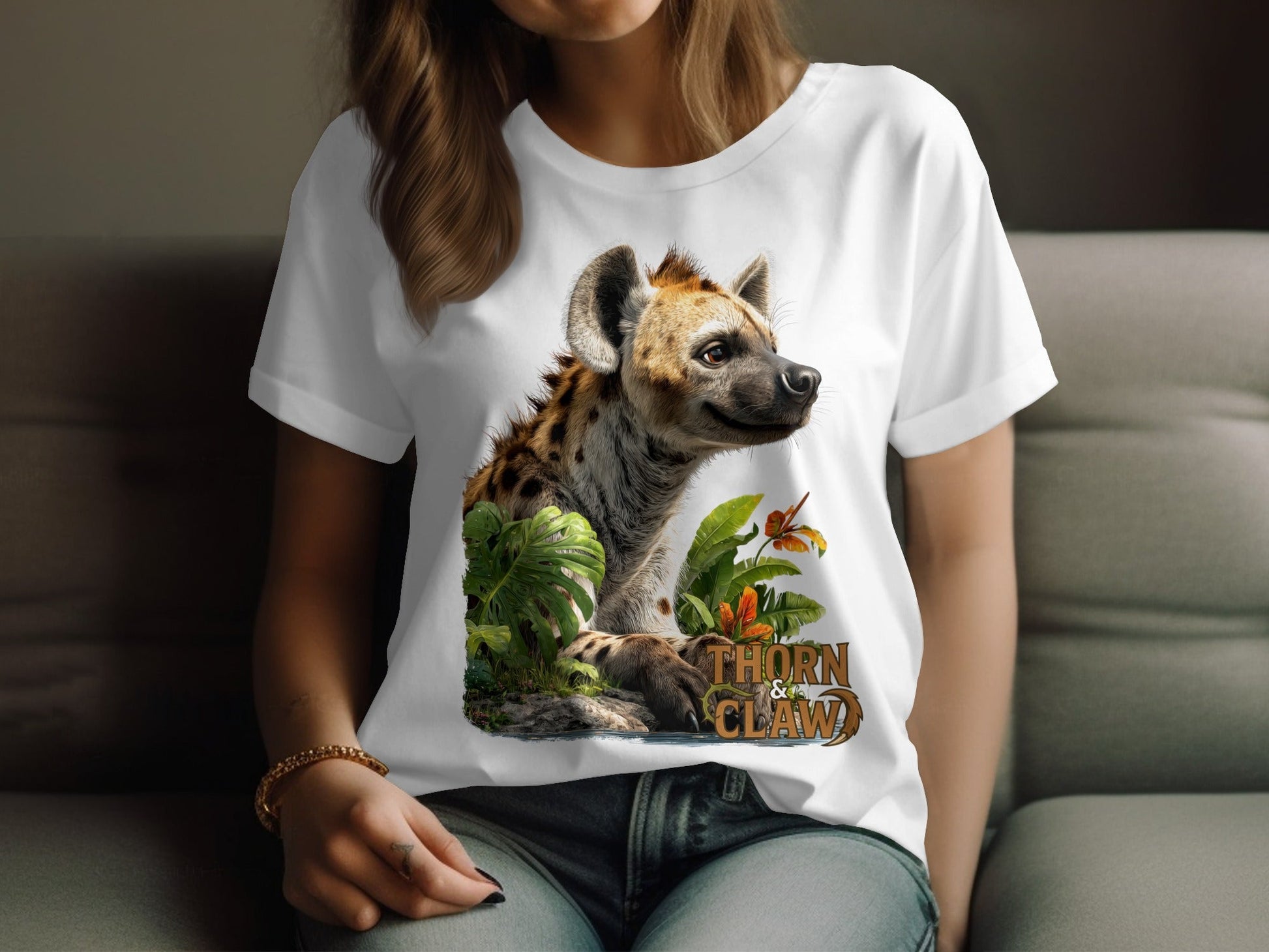 RMA APPAREL Hyena In The Jungle Mens Womens Unisex T-Shirt - Thorn & Claw White T-Shirts - RMA APPAREL - Roclla Media Apparel Store