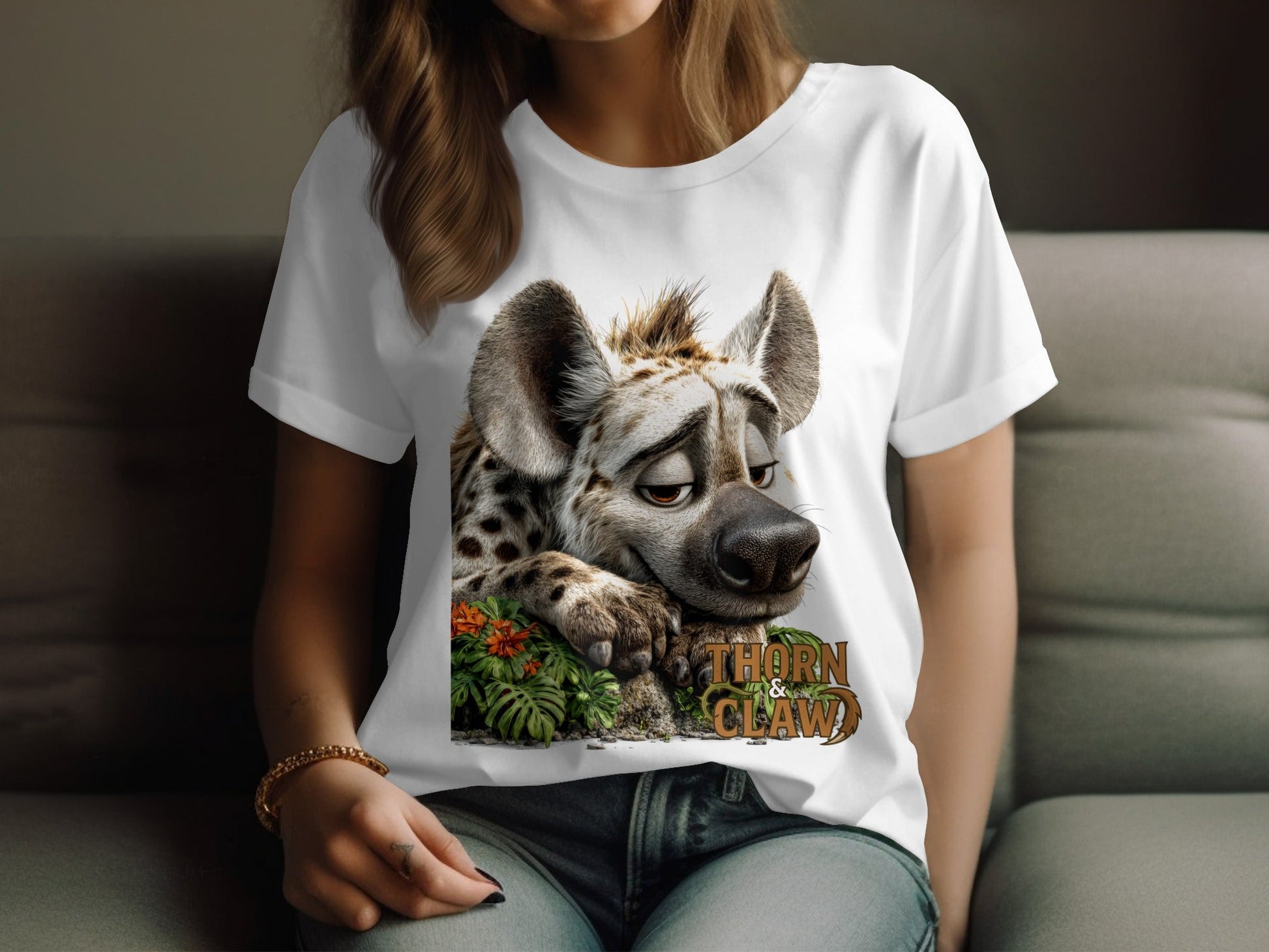 RMA APPAREL Hyena Wildlife Illustration Mens Unisex T-Shirt - Thorn & Claw White T-Shirts - RMA APPAREL - Roclla Media Apparel Store
