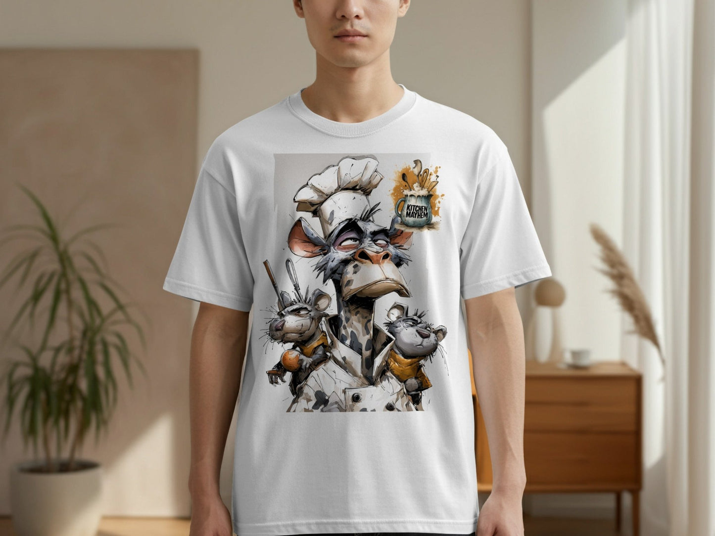 RMA APPAREL Kitchen Mayhem Chefs Monkey Sizes S to 5XL T-Shirt - Kitchen Mayhem White T-Shirt - RMA APPAREL - Roclla Media Apparel Store