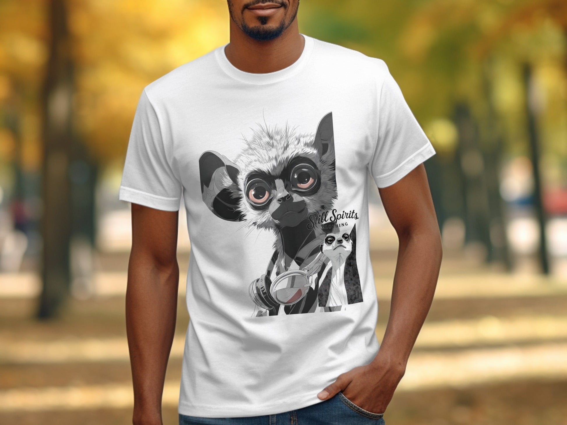 RMA APPAREL Lemur Meerkat Vibes Graphic Unisex T-Shirt - Still Spirits White T-Shirt - RMA APPAREL - Roclla Media Apparel Store
