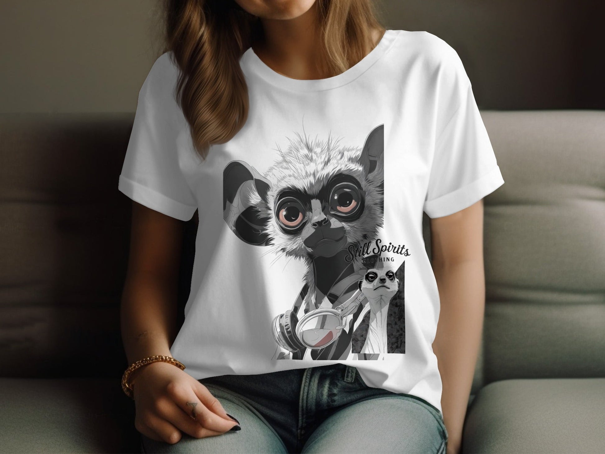 RMA APPAREL Lemur Meerkat Vibes Graphic Unisex T-Shirt - Still Spirits White T-Shirt - RMA APPAREL - Roclla Media Apparel Store