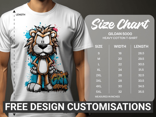 RMA APPAREL Lion Character Unisex T-Shirt Sizes S to 5XL - Grit & Growl White T-Shirts - RMA APPAREL - Roclla Media Apparel Store