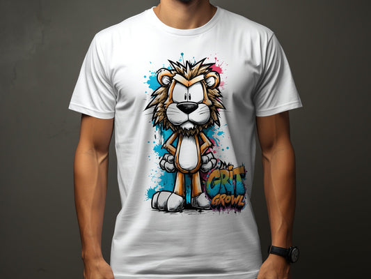 RMA APPAREL Lion Character Unisex T-Shirt Sizes S to 5XL - Grit & Growl White T-Shirts - RMA APPAREL - Roclla Media Apparel Store