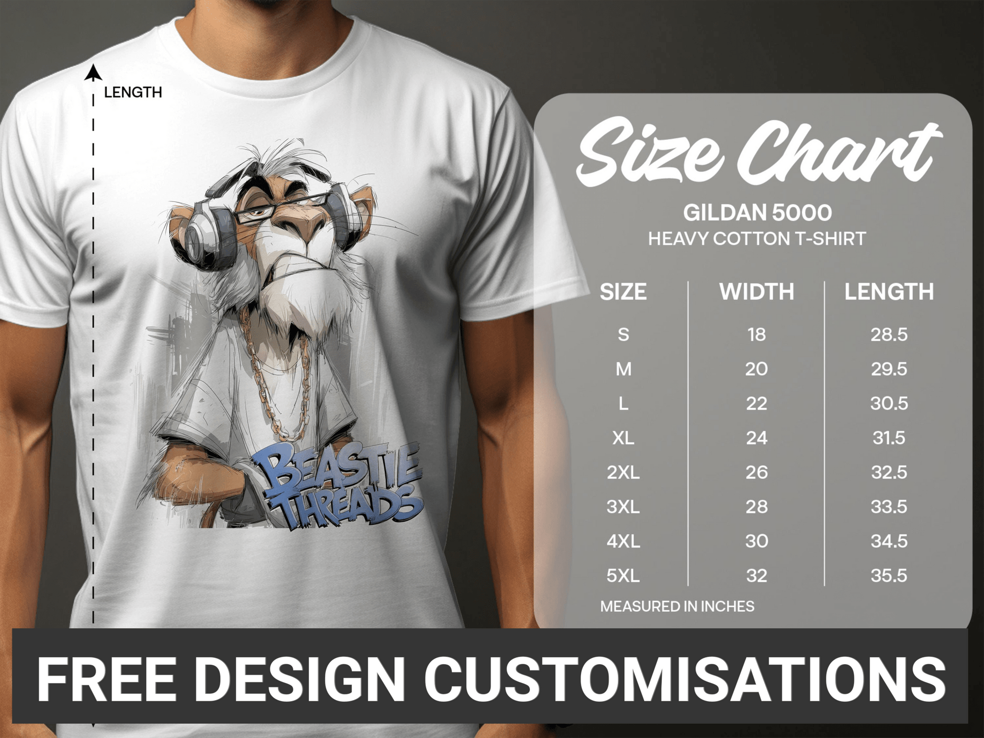 RMA Apparel Lion T-Shirt, DJ Lion Tee, Unisex T-Shirt Sizes S to 5XL - Beastie Threads White T-Shirt - RMA APPAREL - Roclla Media Apparel Store