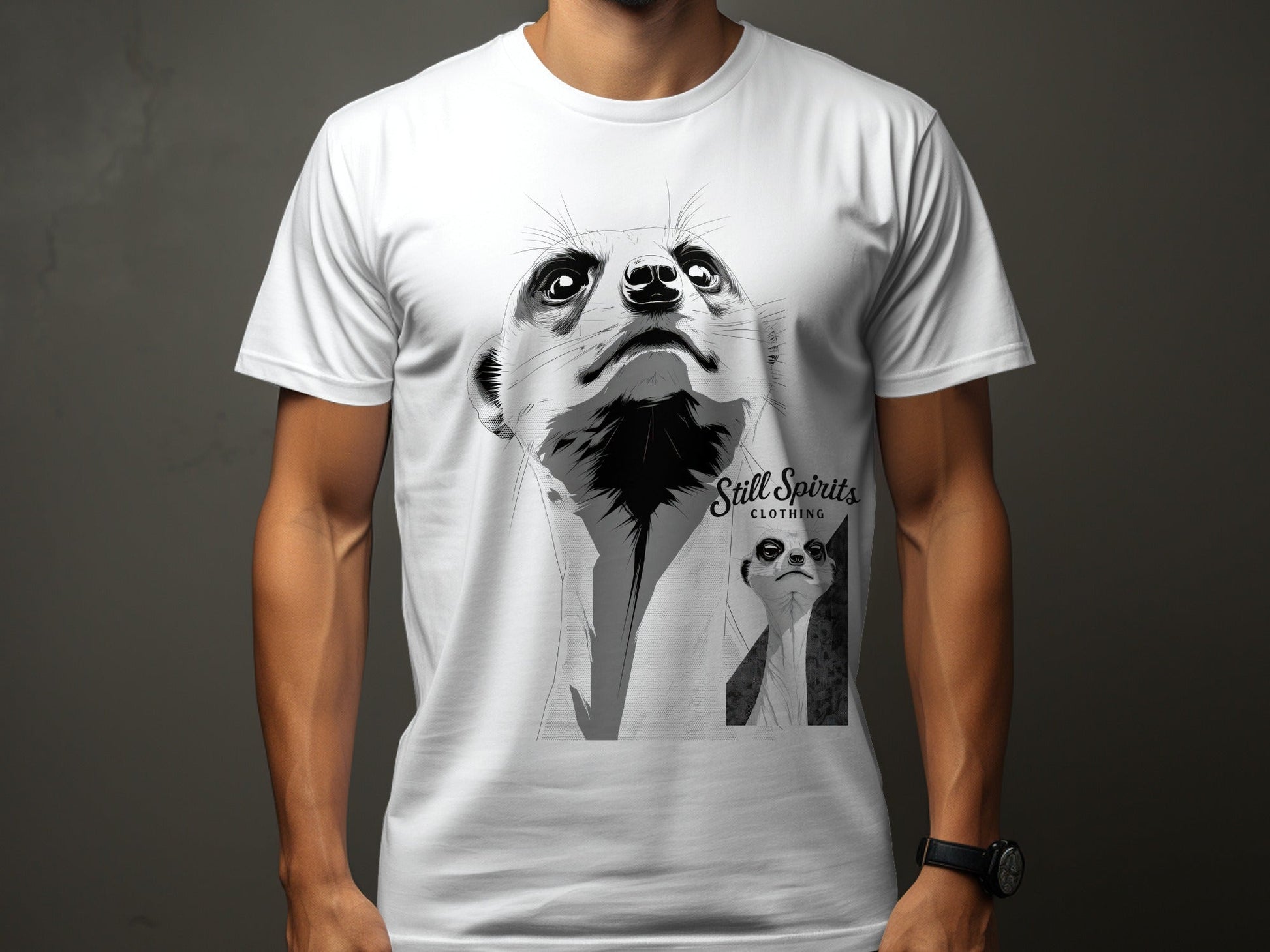RMA APPAREL Meerkat Stare Unisex T-Shirt Sizes Small to 5XL T-Shirt - Still Spirits White T-Shirt - RMA APPAREL - Roclla Media Apparel Store