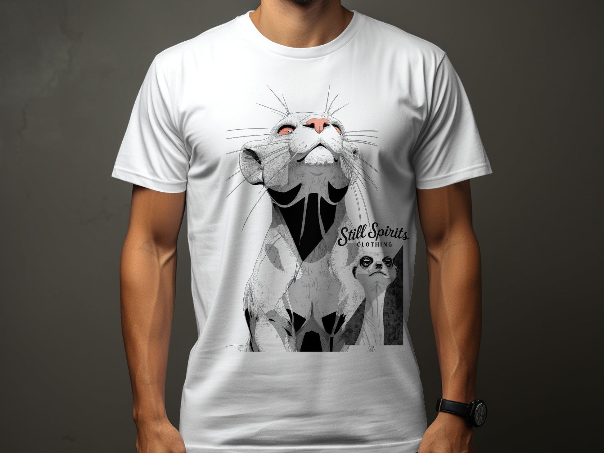 RMA APPAREL Meerkat Wildlife Graphic Mens Unisex T-Shirt - Still Spirits White T-Shirt - RMA APPAREL - Roclla Media Apparel Store