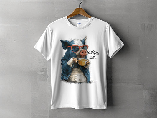 RMA APPAREL Pig with Sunglasses Sipping Tea Unisex T-Shirt - Field&Fable White T-Shirt - RMA APPAREL - Roclla Media Apparel Store