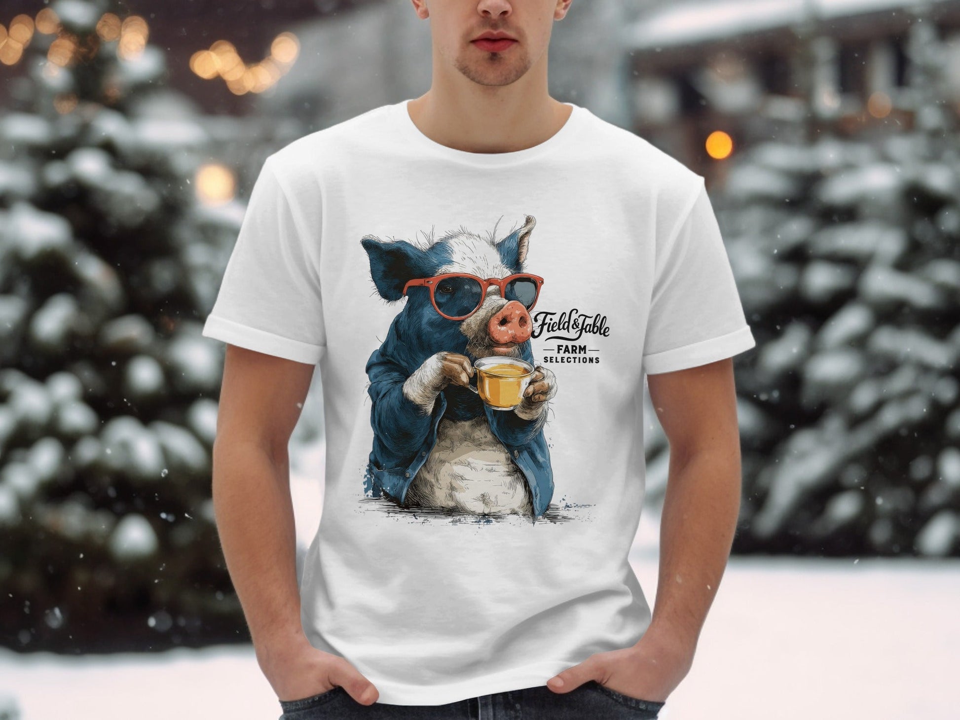 RMA APPAREL Pig with Sunglasses Sipping Tea Unisex T-Shirt - Field&Fable White T-Shirt - RMA APPAREL - Roclla Media Apparel Store
