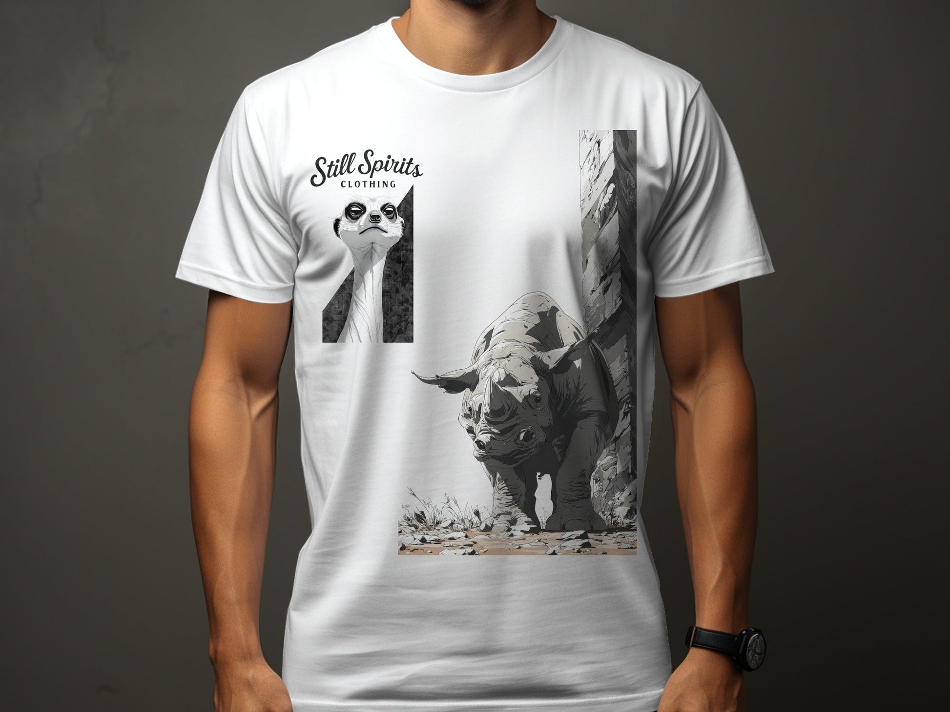RMA APPAREL Rhino Meerkat Design Unisex Mens T-Shirt Sizes T-Shirt - Still Spirits White T-Shirt - RMA APPAREL - Roclla Media Apparel Store