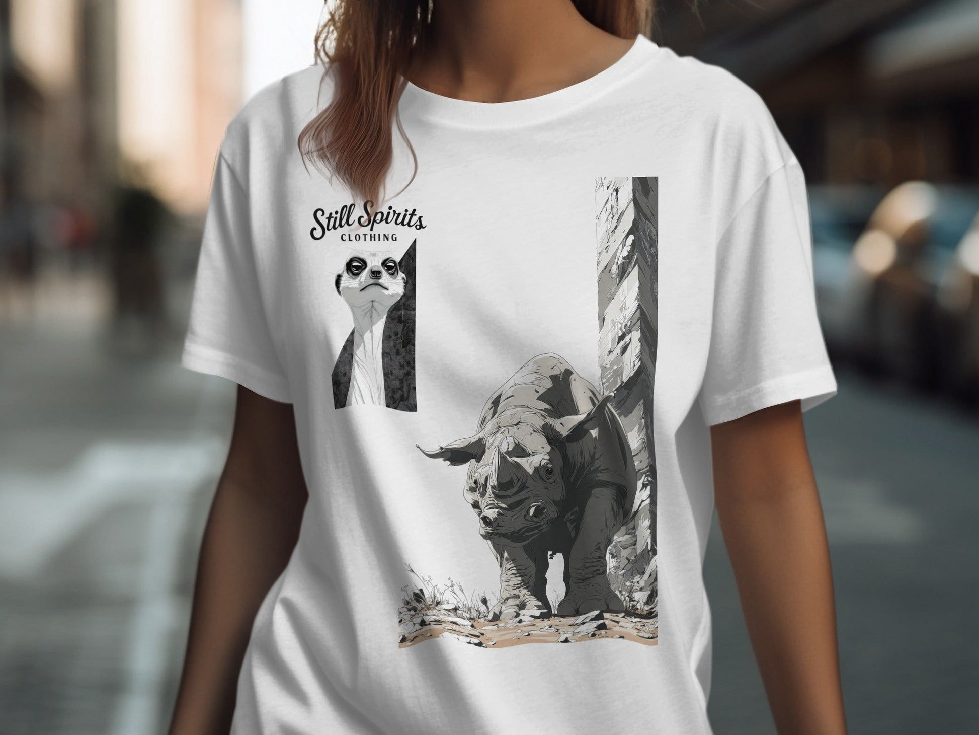 RMA APPAREL Rhino Meerkat Design Unisex Mens T-Shirt Sizes T-Shirt - Still Spirits White T-Shirt - RMA APPAREL - Roclla Media Apparel Store