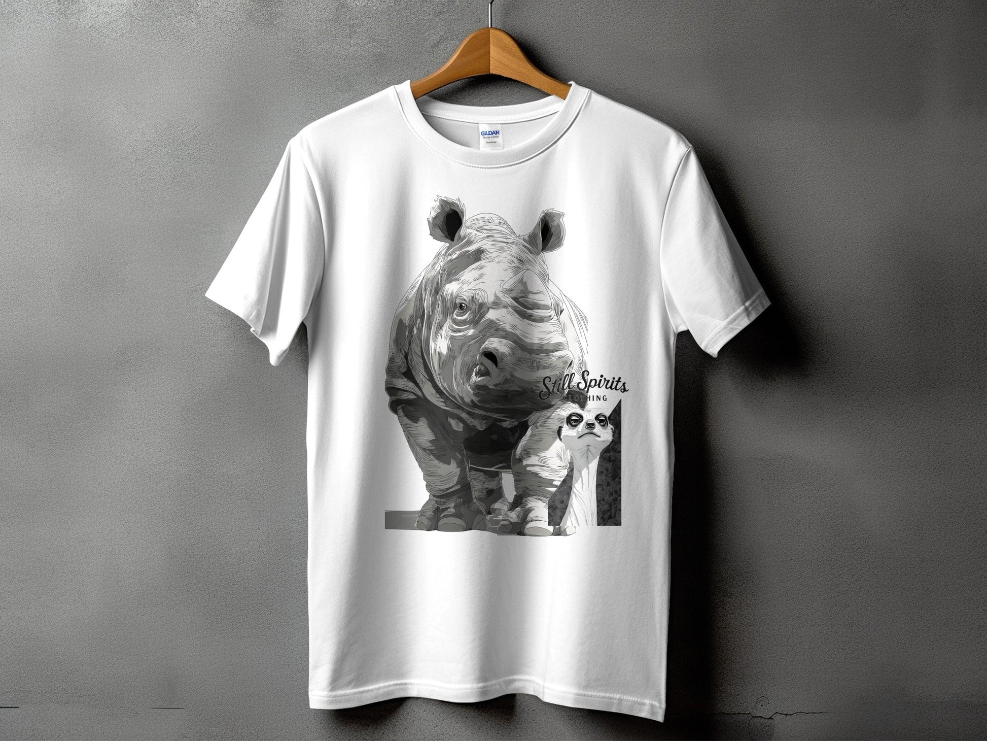 RMA APPAREL Rhino Meerkat Wildlife Animal Unisex T-Shirt - Still Spirits White T-Shirt - RMA APPAREL - Roclla Media Apparel Store