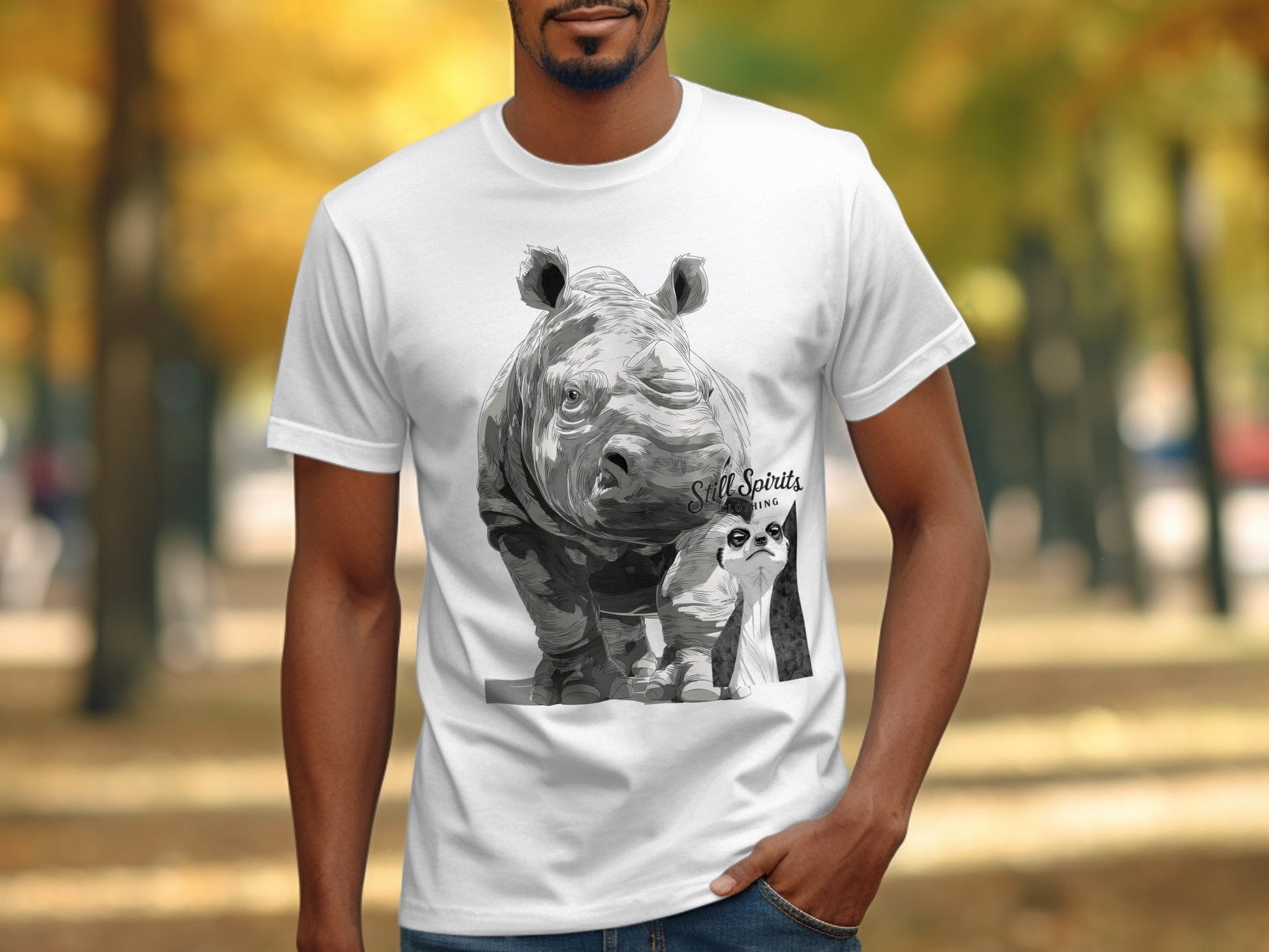 RMA APPAREL Rhino Meerkat Wildlife Animal Unisex T-Shirt - Still Spirits White T-Shirt - RMA APPAREL - Roclla Media Apparel Store