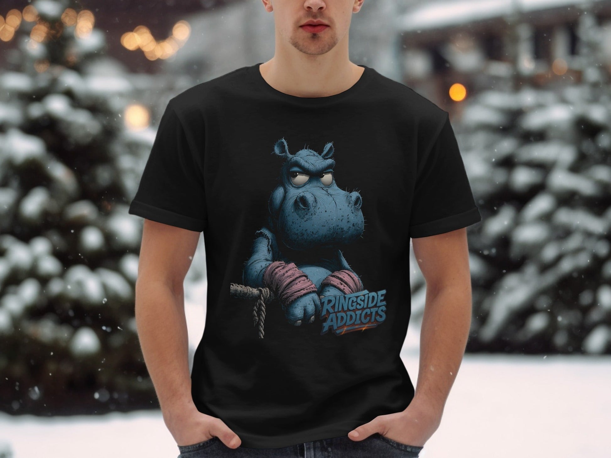 RMA APPAREL RingSide Addicts Hippo Mens Womens Unisex T-Shirt - Ringside Addicts White T-Shirt - RMA APPAREL - Roclla Media Apparel Store