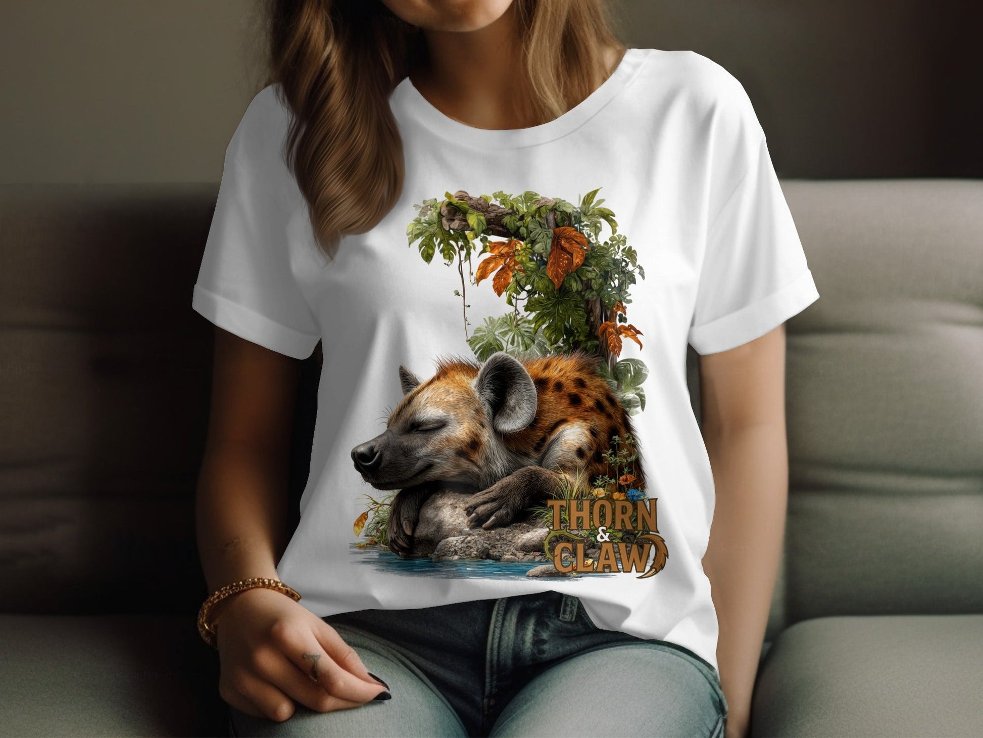RMA APPAREL Sleeping Hyena Wildlife Sizes S to 5XL T-Shirt - Thorn & Claw White T-Shirts - RMA APPAREL - Roclla Media Apparel Store