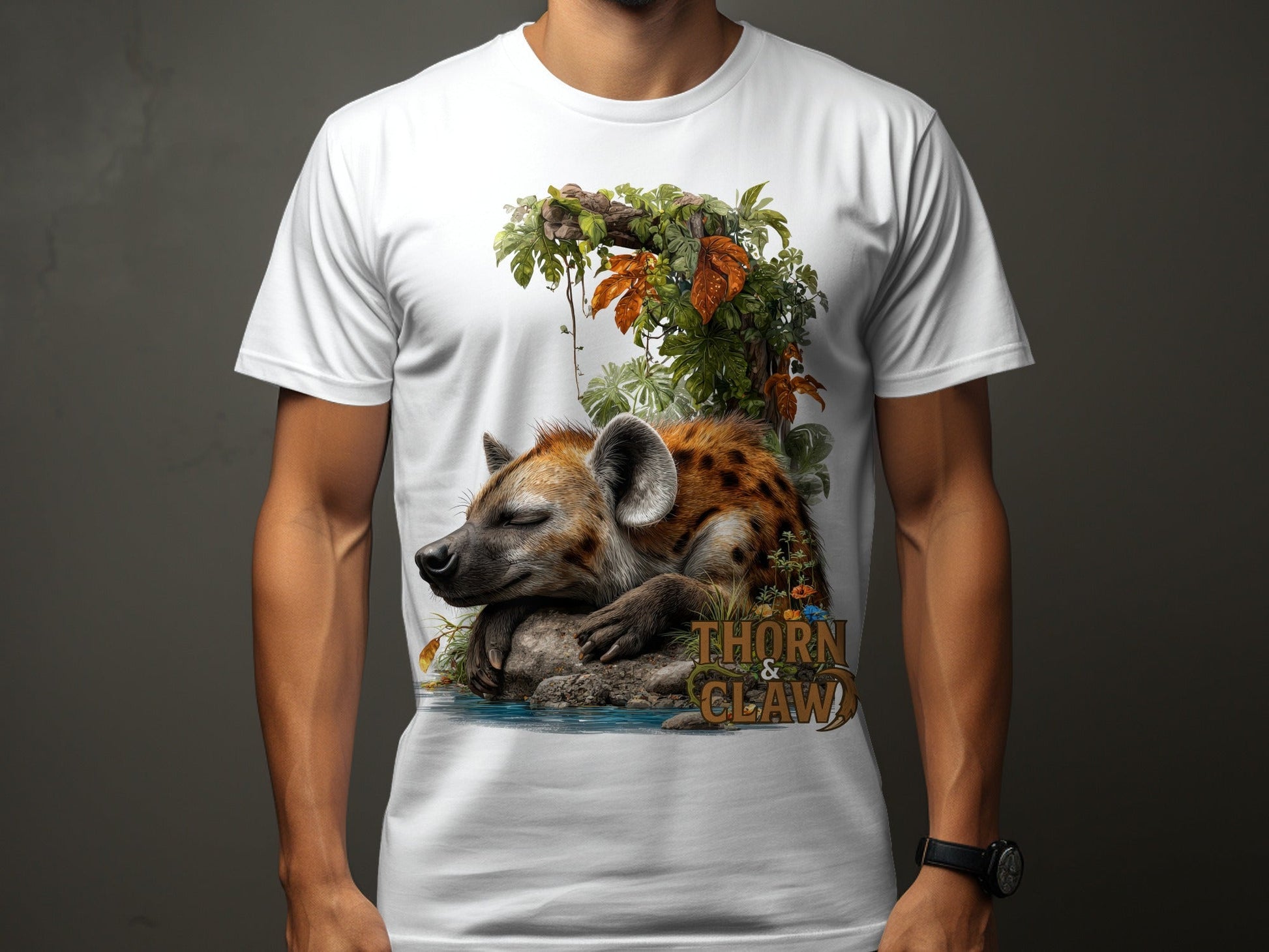 RMA APPAREL Sleeping Hyena Wildlife Sizes S to 5XL T-Shirt - Thorn & Claw White T-Shirts - RMA APPAREL - Roclla Media Apparel Store