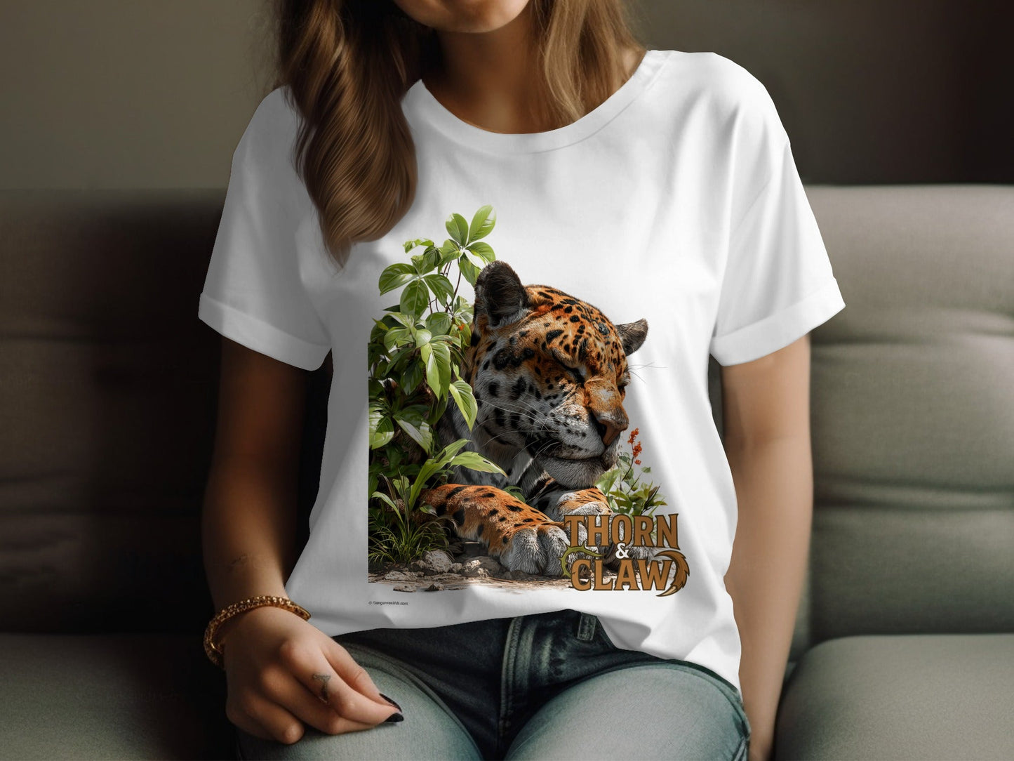 RMA APPAREL Sleeping Jaguar Wildlife Unisex Sizes T-Shirt - Thorn & Claw White T-Shirts - RMA APPAREL - Roclla Media Apparel Store