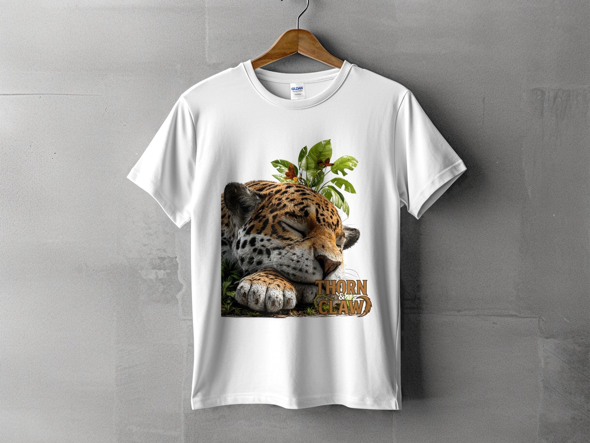 RMA APPAREL Sleeping Jaguar With Leaves Mens Womens T-Shirt - Thorn & Claw White T-Shirts - RMA APPAREL - Roclla Media Apparel Store