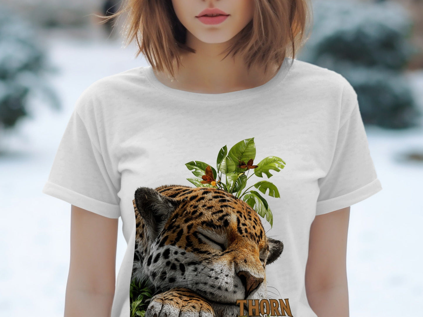 RMA APPAREL Sleeping Jaguar With Leaves Mens Womens T-Shirt - Thorn & Claw White T-Shirts - RMA APPAREL - Roclla Media Apparel Store