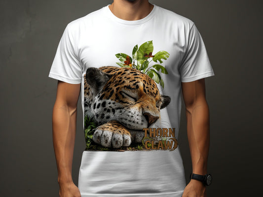 RMA APPAREL Sleeping Jaguar With Leaves Mens Womens T-Shirt - Thorn & Claw White T-Shirts - RMA APPAREL - Roclla Media Apparel Store